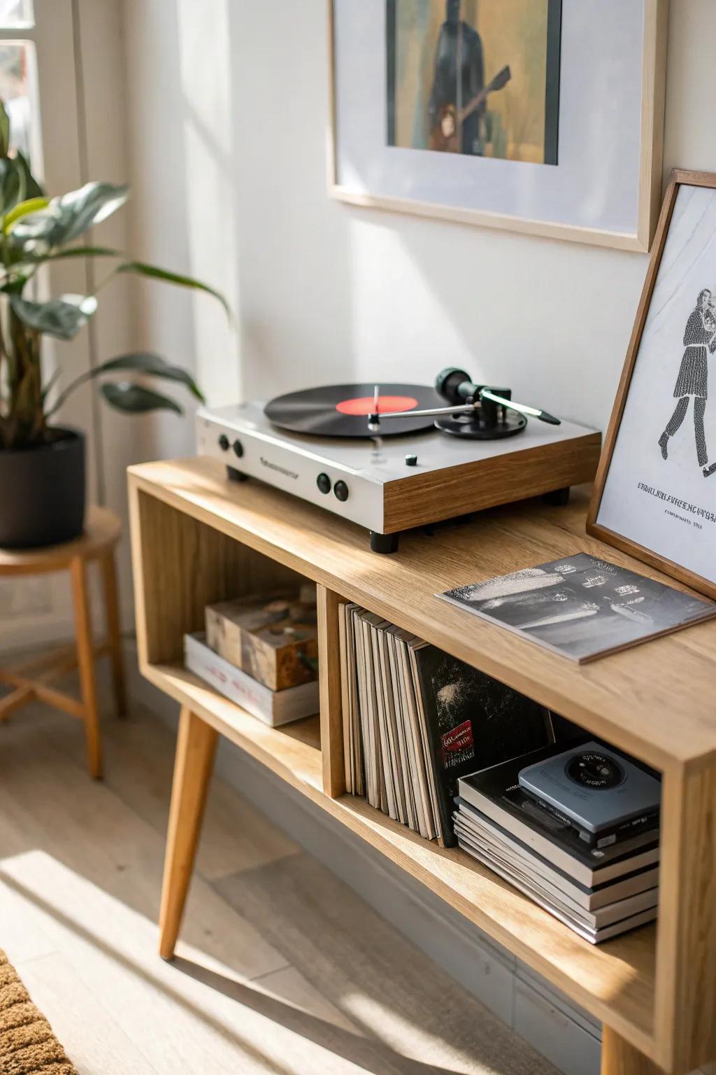 Console-top turntable styling: one bold album cover + tidy vinyl storage for a calm small space.