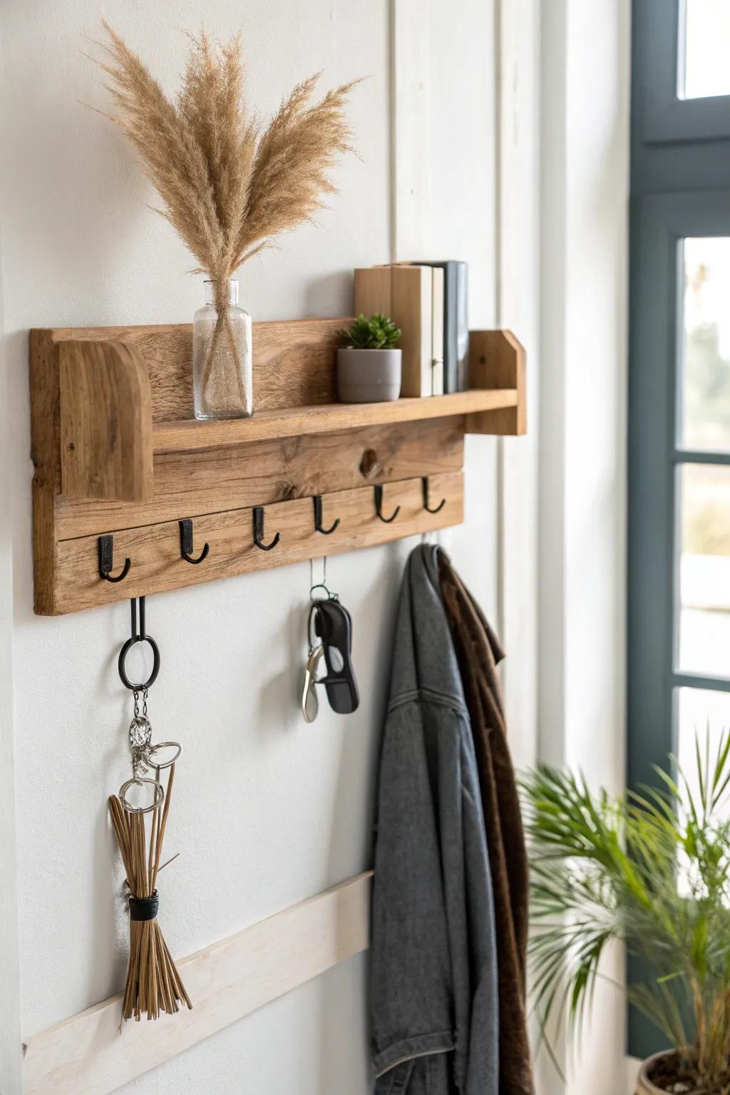 DIY pallet coat rack with top shelf—minimal hooks plus a tidy drop zone for keys & mail.