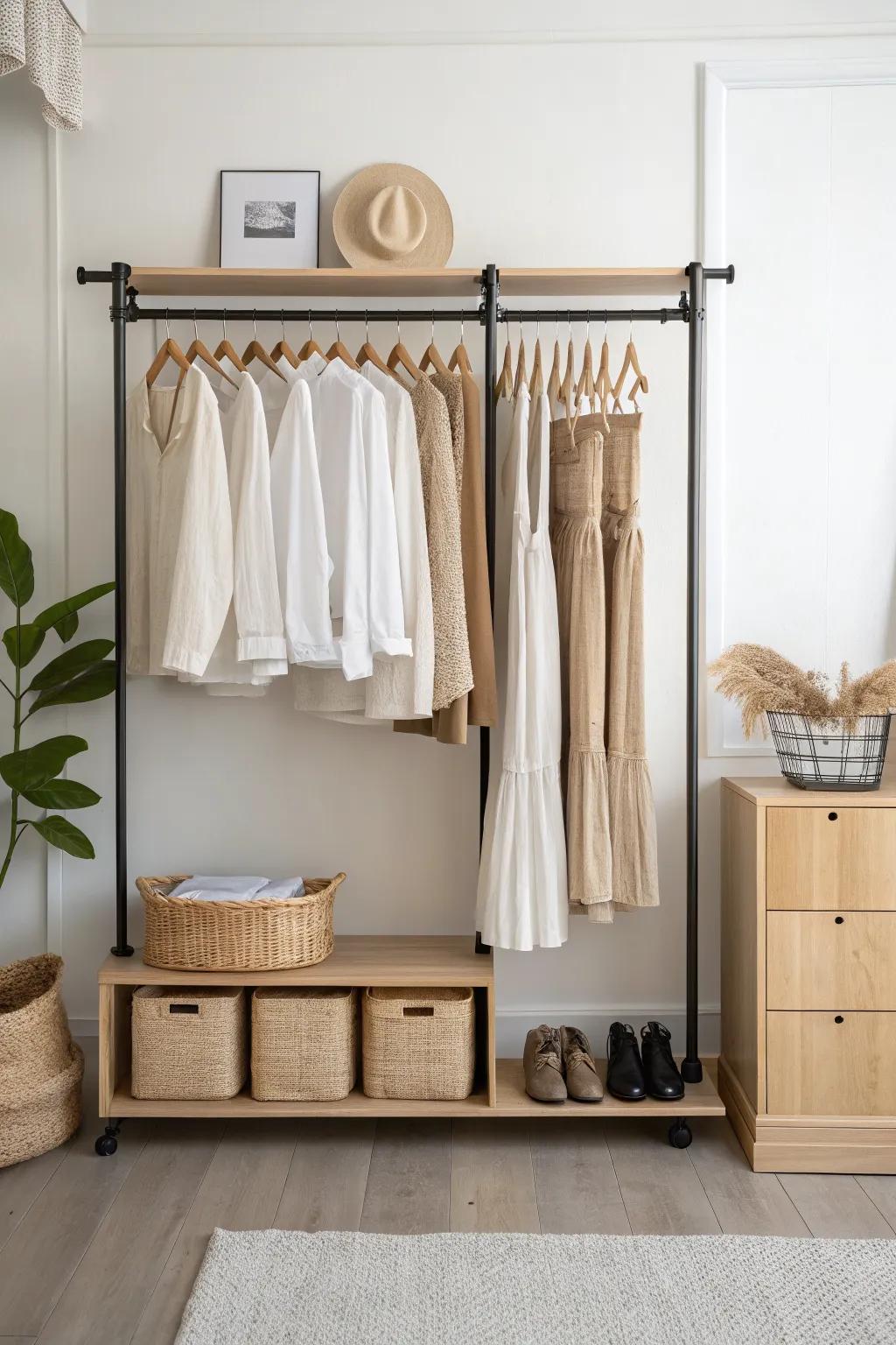 Double-hang rods: twice the space, same slim wall footprint—minimal, warm, and airy.