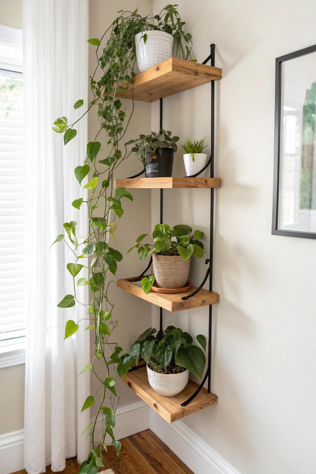 Mini jungle corner shelf stack—floating oak shelves and trailing plants soften sharp angles.
