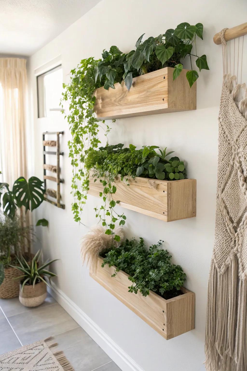 Neat rows of matching mounted planter boxes create a clean, modern wall garden statement.