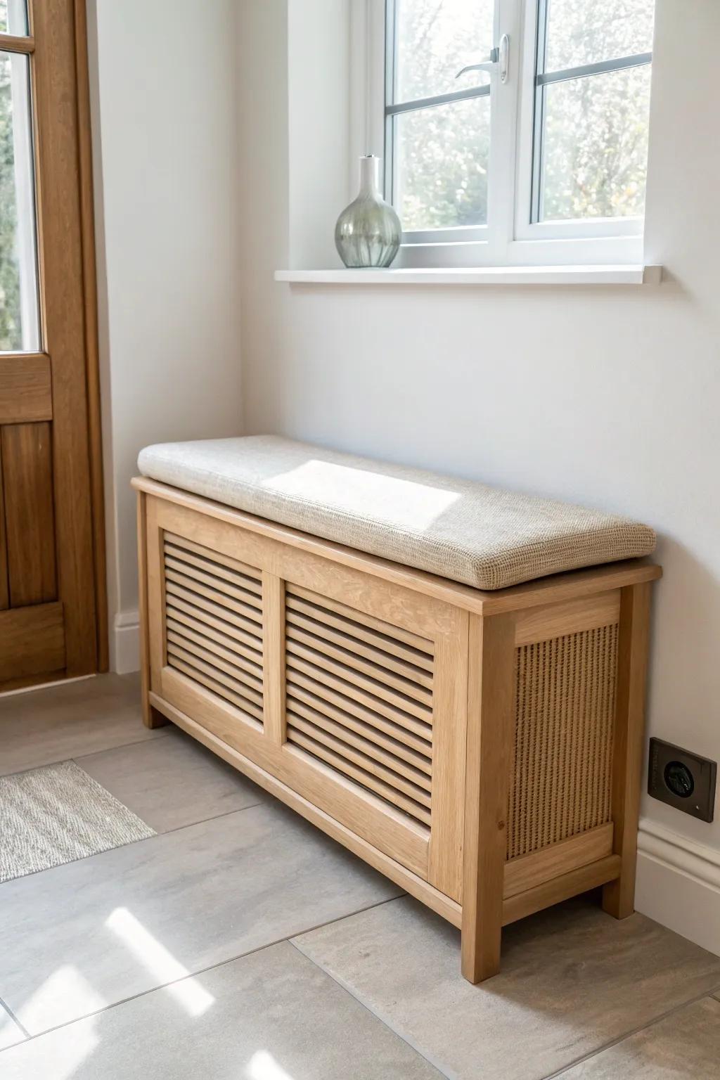 Turn a wall heater into a ventilated oak bench—extra seating with zero added footprint.