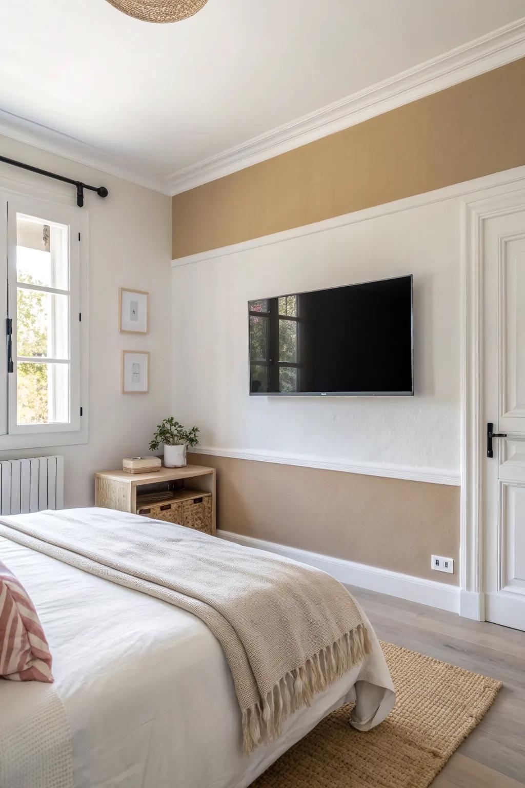 Center the TV on a painted accent wall for a clean, intentional look that elevates a small bedroom.