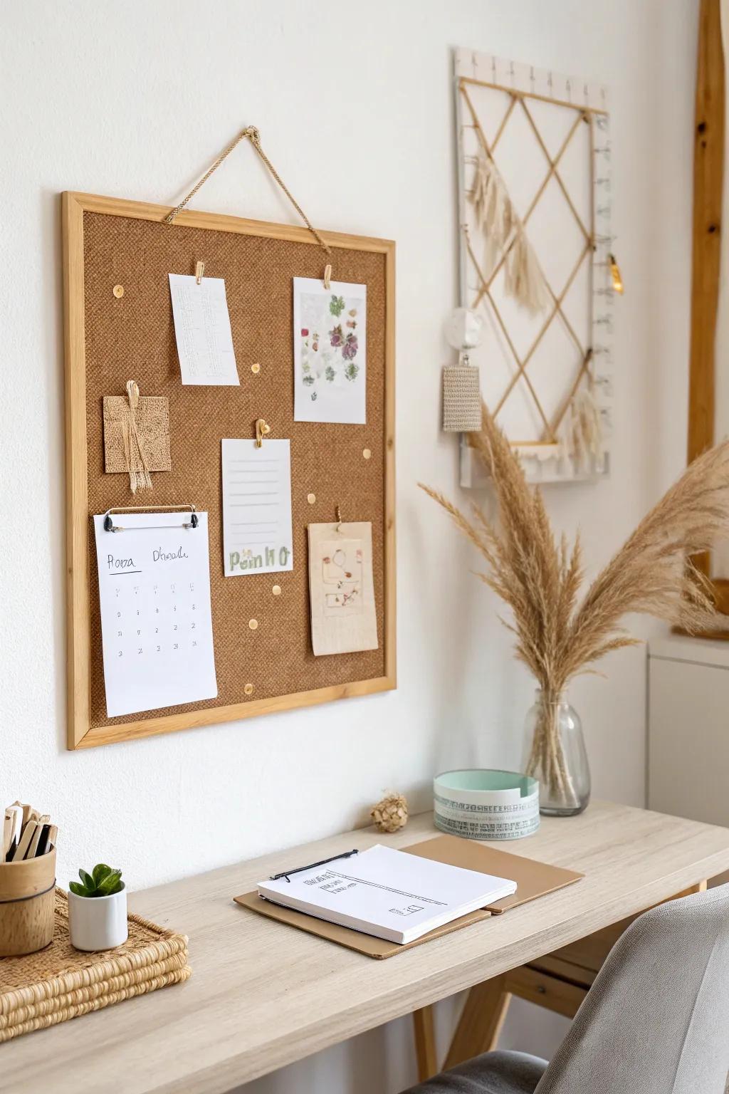 A framed corkboard keeps receipts and quick notes visible—without cluttering your desk.