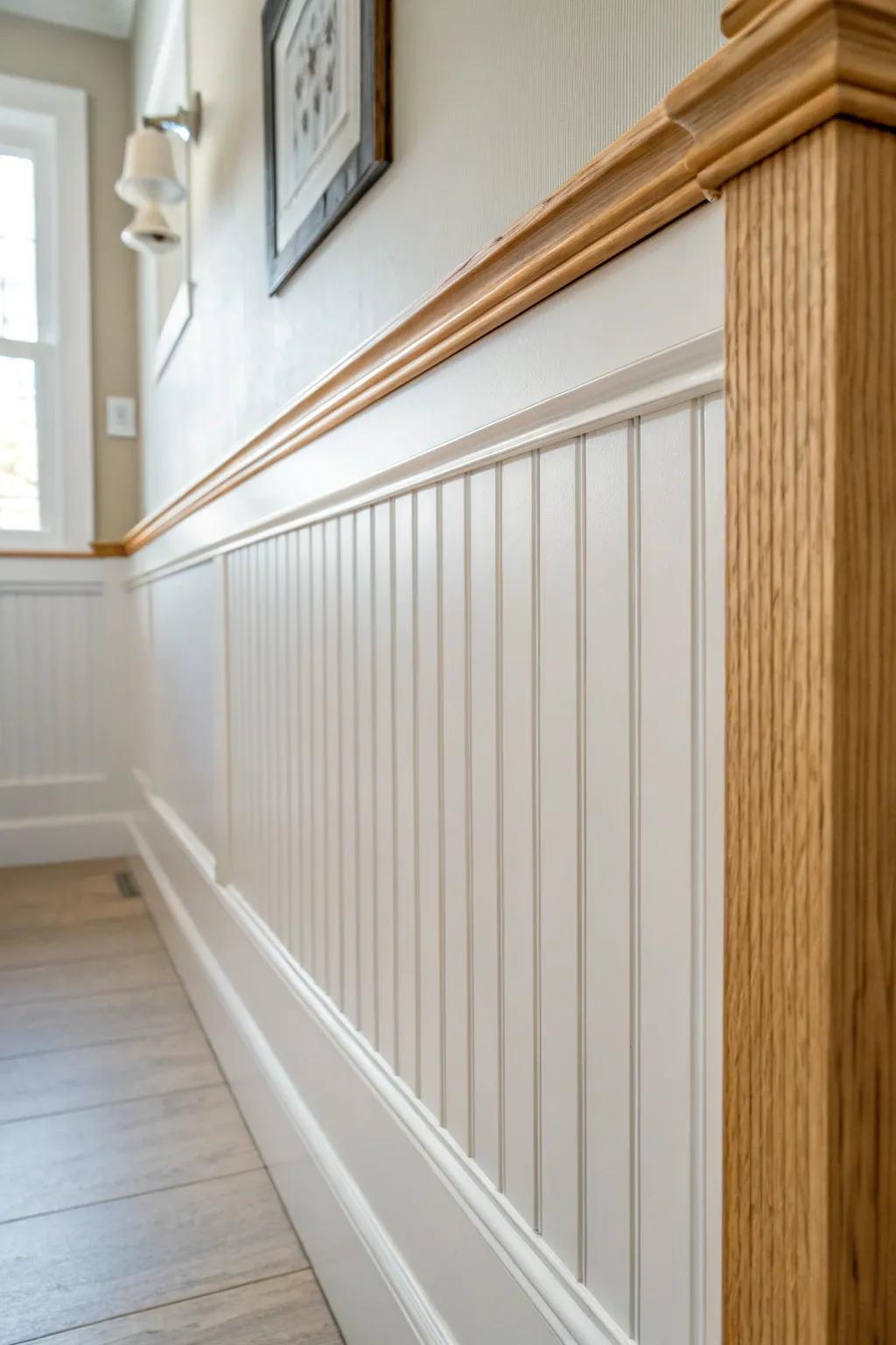 Sealed beadboard adds instant charm to tiny baths—pretty, practical, and steam-ready.