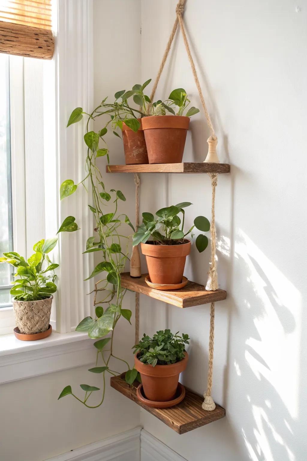 Turn an awkward corner into a lush vertical plant tower with sleek floating shelves.