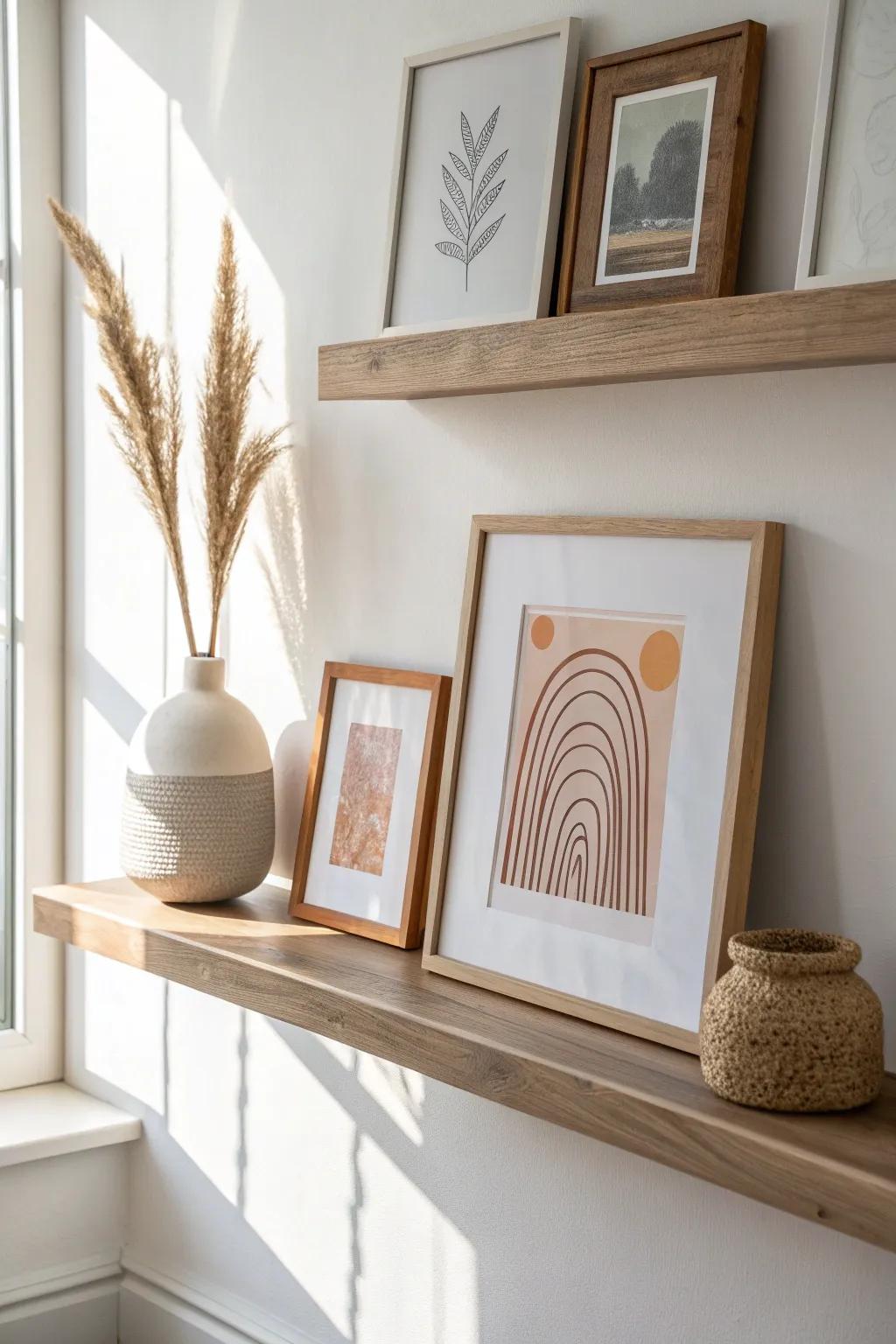 Layer art on a wall shelf: lean a small frame in front of a larger one for easy swaps.
