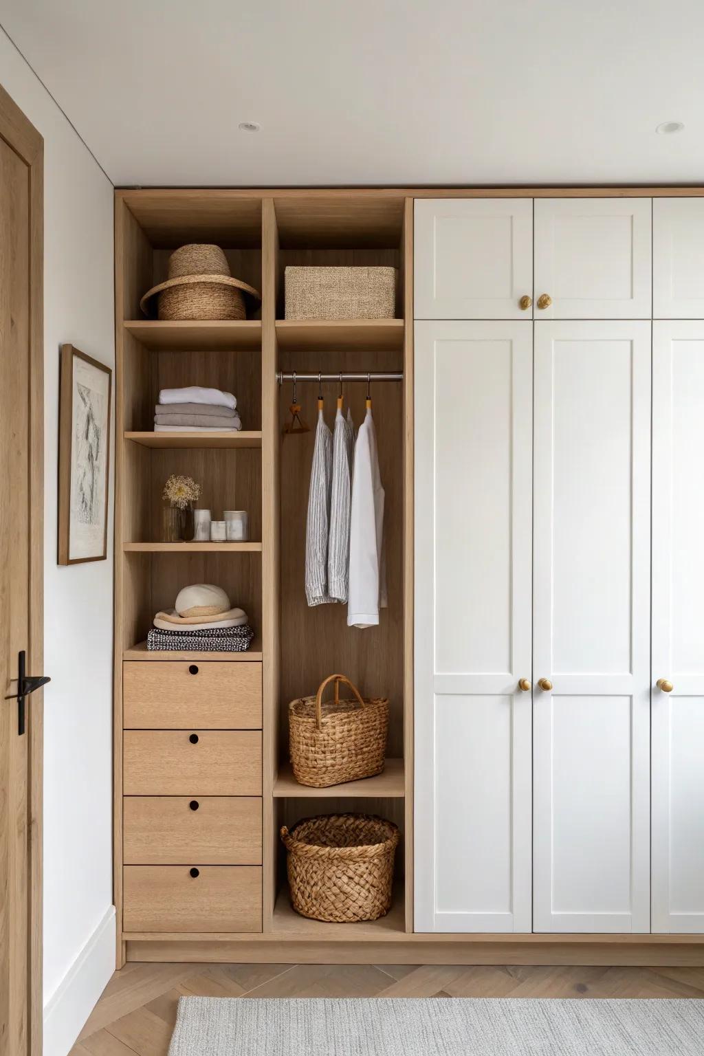 Open shelves for the pretty, closed doors for the chaos—your calm wall-to-wall closet balance.