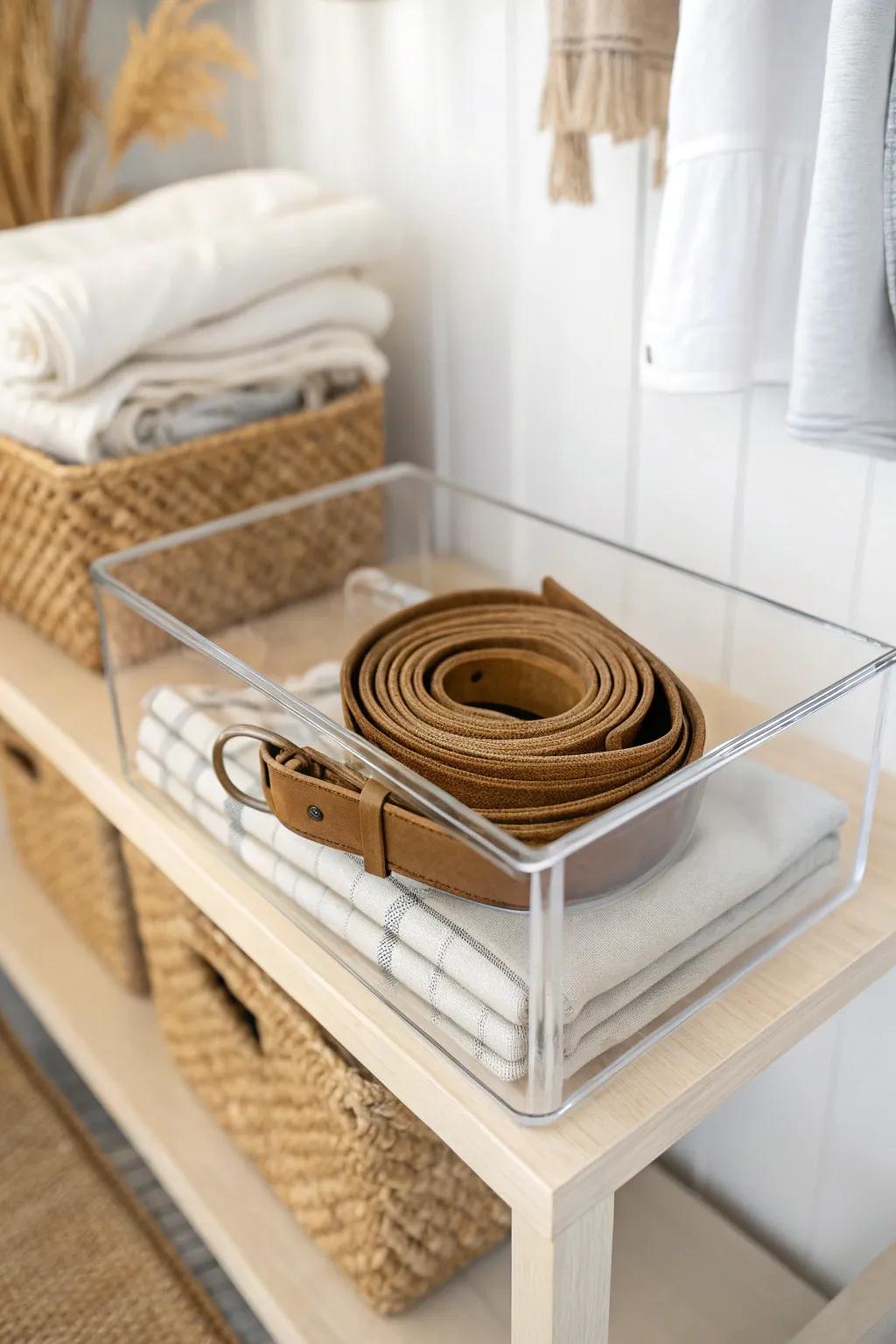 Clear bins keep belts and activewear visible—no more mystery clutter or accidental duplicates.