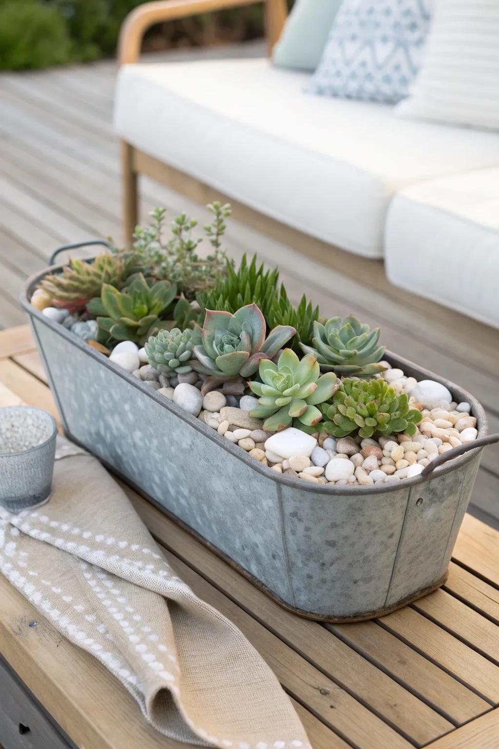 Succulent trough styling: sculptural rosettes + trailing greens for a chic patio centerpiece.