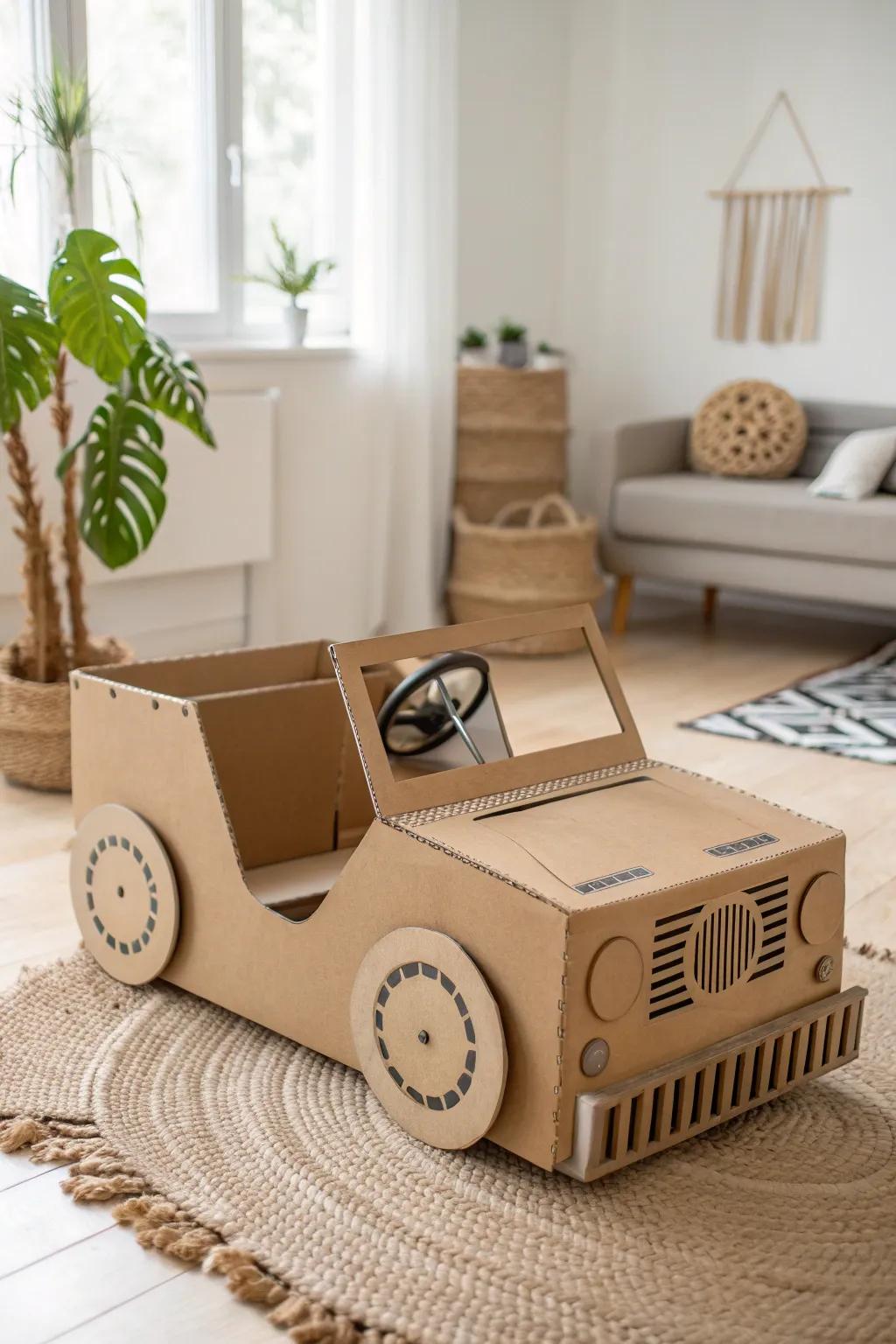 Unleash creativity with this charming DIY cardboard car—perfect for imaginative playtime in a cozy, minimalist space!