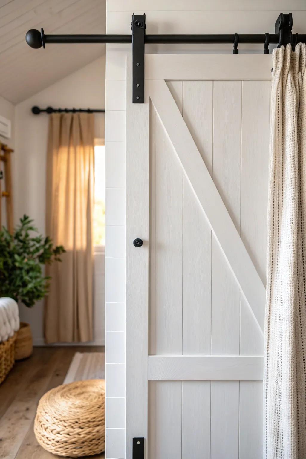 A single sliding white barn door—space-saving style for tight studios and awkward clearances.