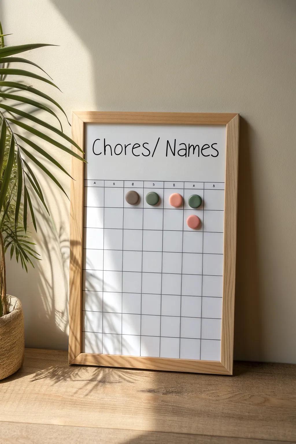 A minimalist chore chart—moveable magnets keep shared-space tasks clear at a glance.