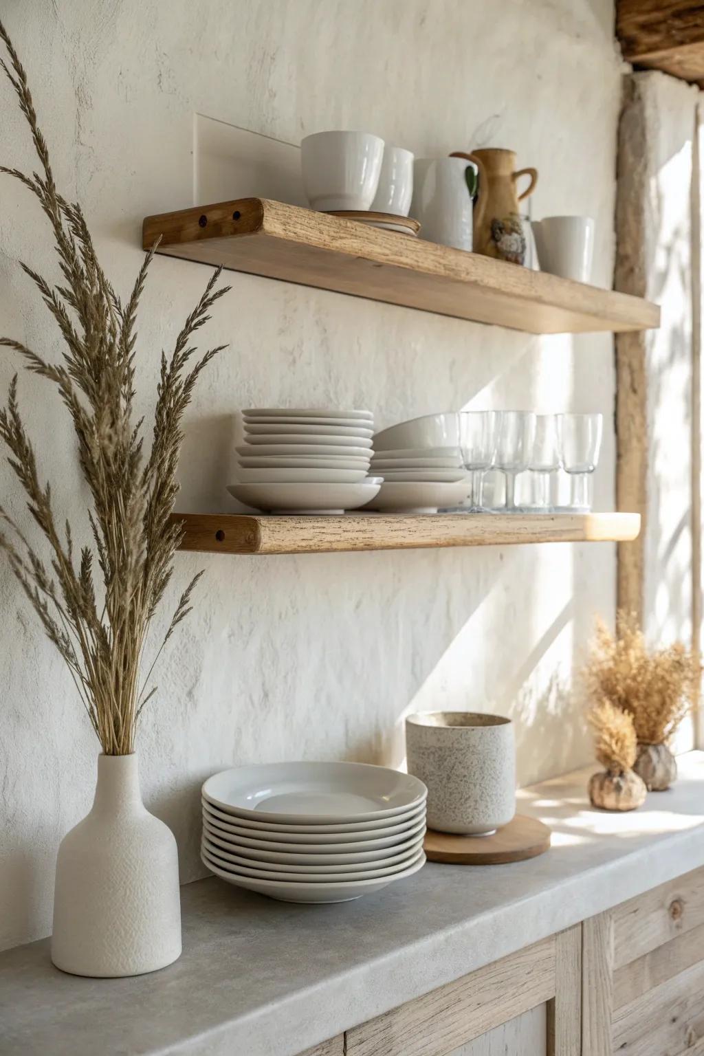 Swap uppers for calm: a matte-white floating shelf styled with matching dishes and glassware.