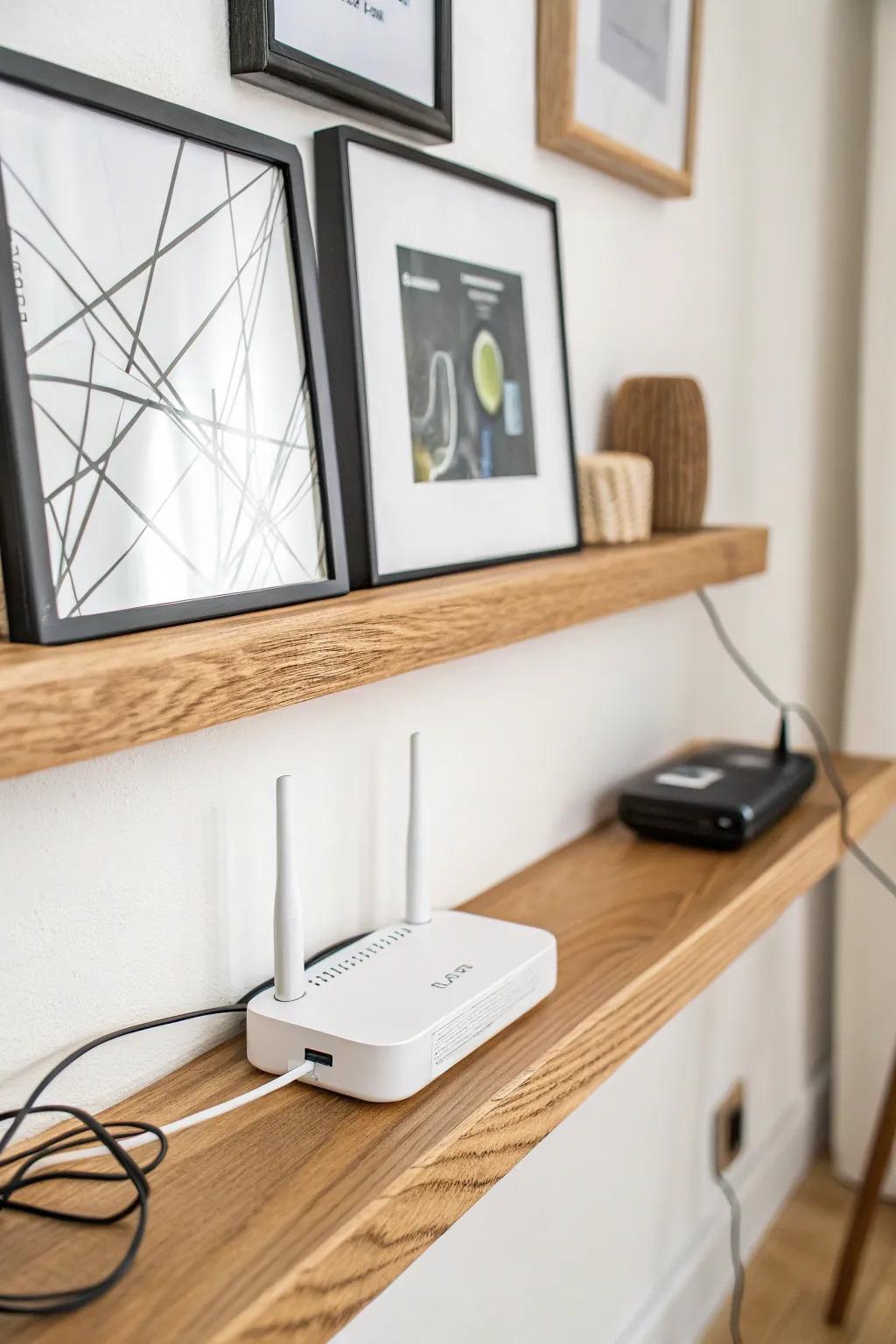 Hide your Wi‑Fi router on a picture ledge—lean art in front, leave a small gap for airflow.