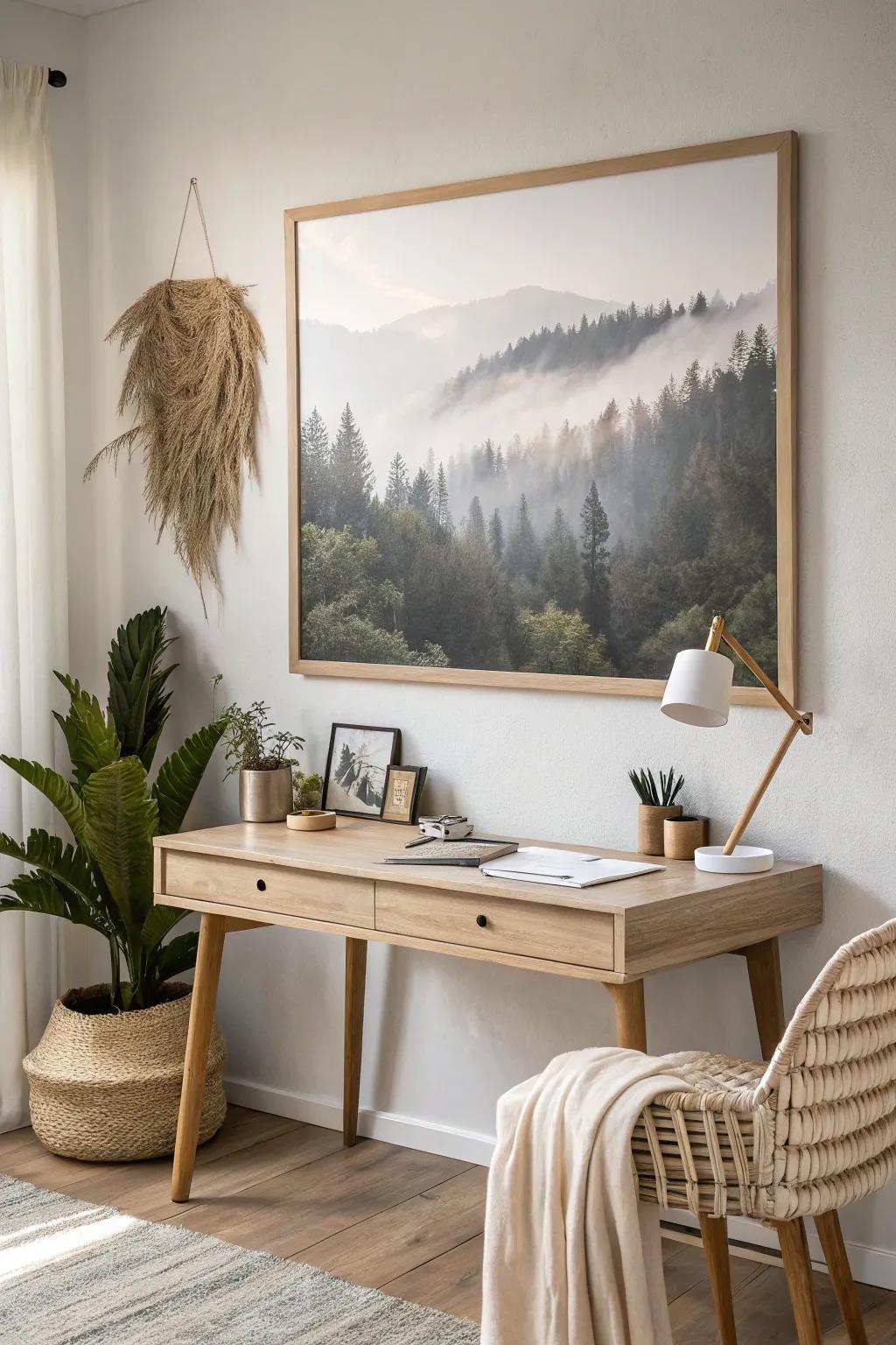 One oversized landscape print becomes your “window”—calm, bright, and space-expanding.