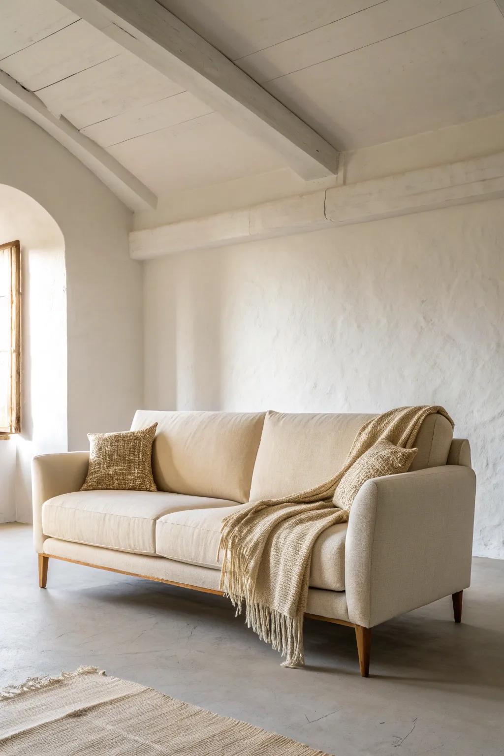 A light linen sofa brightens a windowless room—airy, calm, and instantly more spacious.