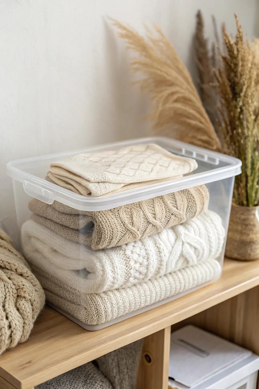 Fold chunky sweaters to keep their shape—stack them neatly in a bin with a simple divider.