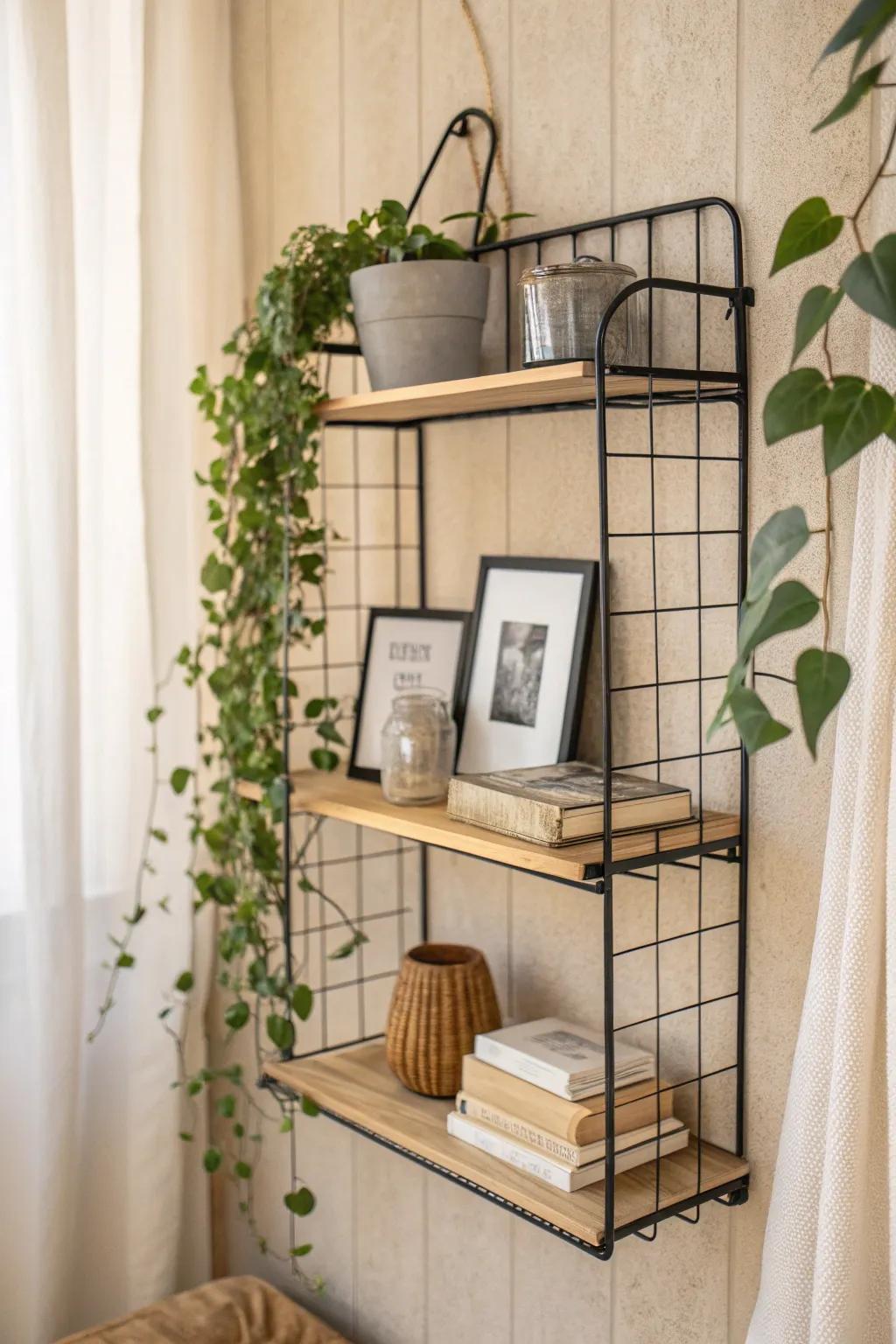Mix books, a framed photo, and one trailing plant to soften a wire bookshelf’s look.