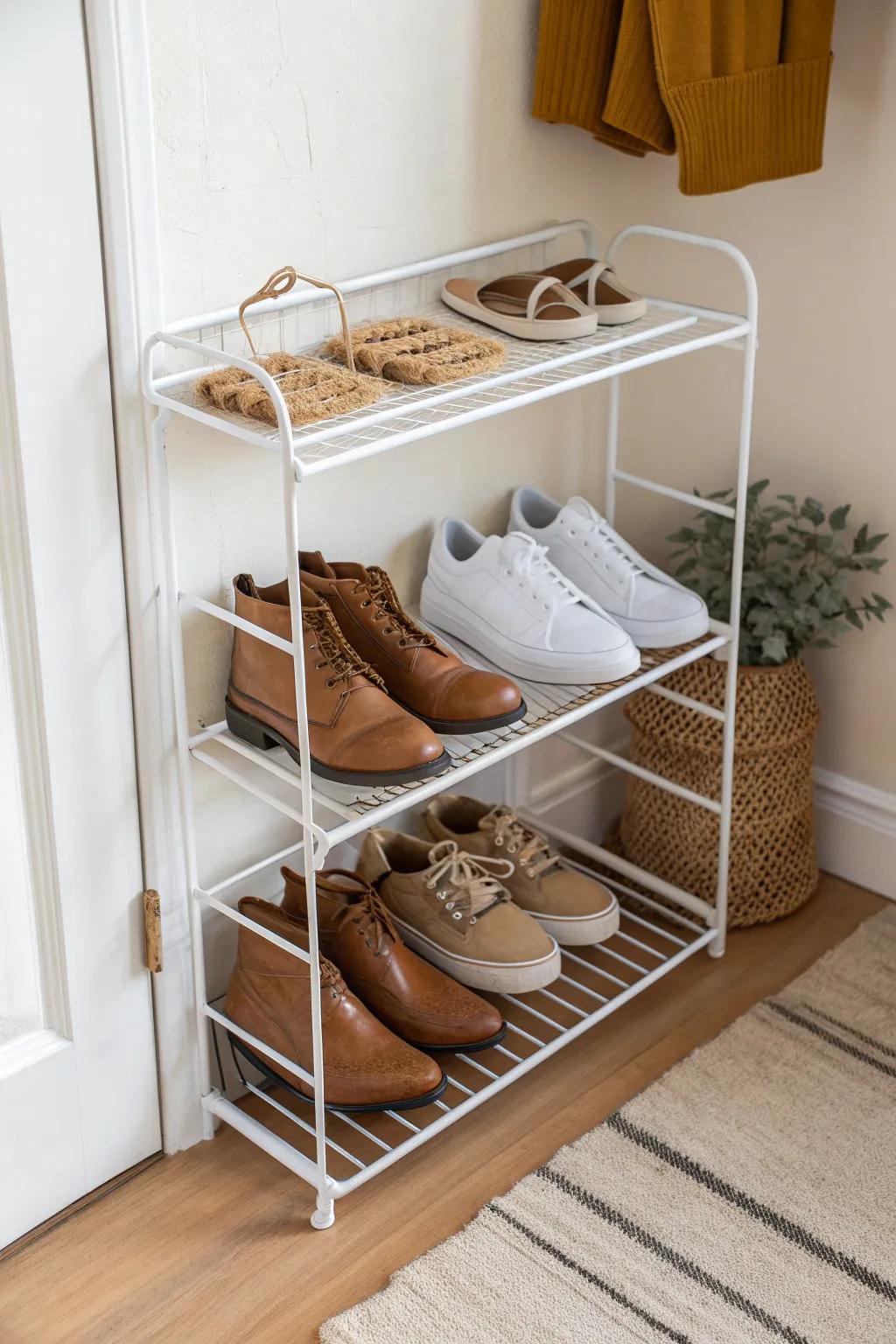 Lift shoes off the floor with a sleek wire shelf—boots low, light pairs high for stability.