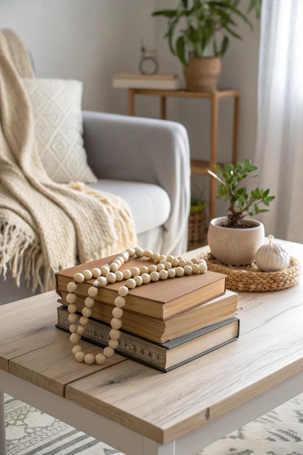 Effortless elegance: A wood bead garland ties together colors and textures in this serene setting.