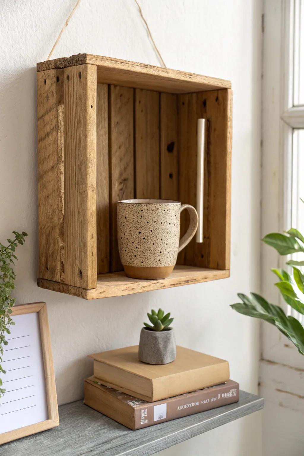 Wall-mounted wood crate cubby: open shelf styling for mugs, books & a tiny plant—no floor space needed.