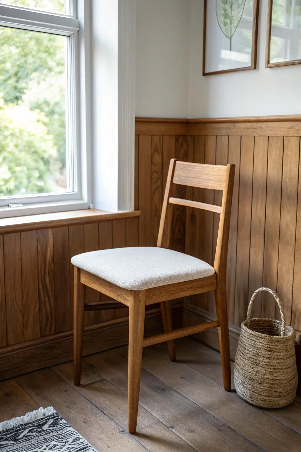 Cozy two-tone half wall: dark wood paneling below, airy white above—bright and structured.