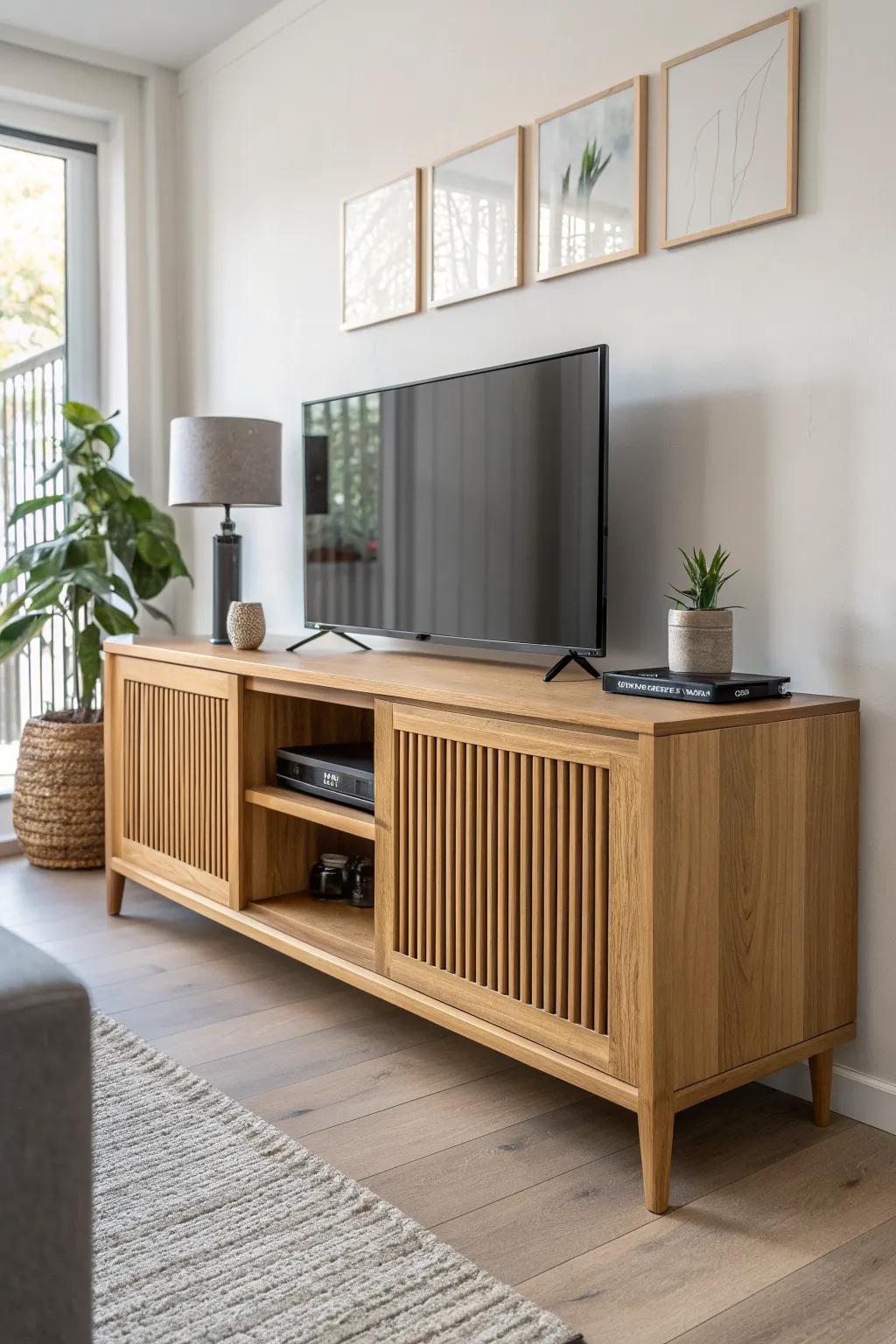 Low console + slatted wood topper: a chic, airy room divider that hides cords in style.