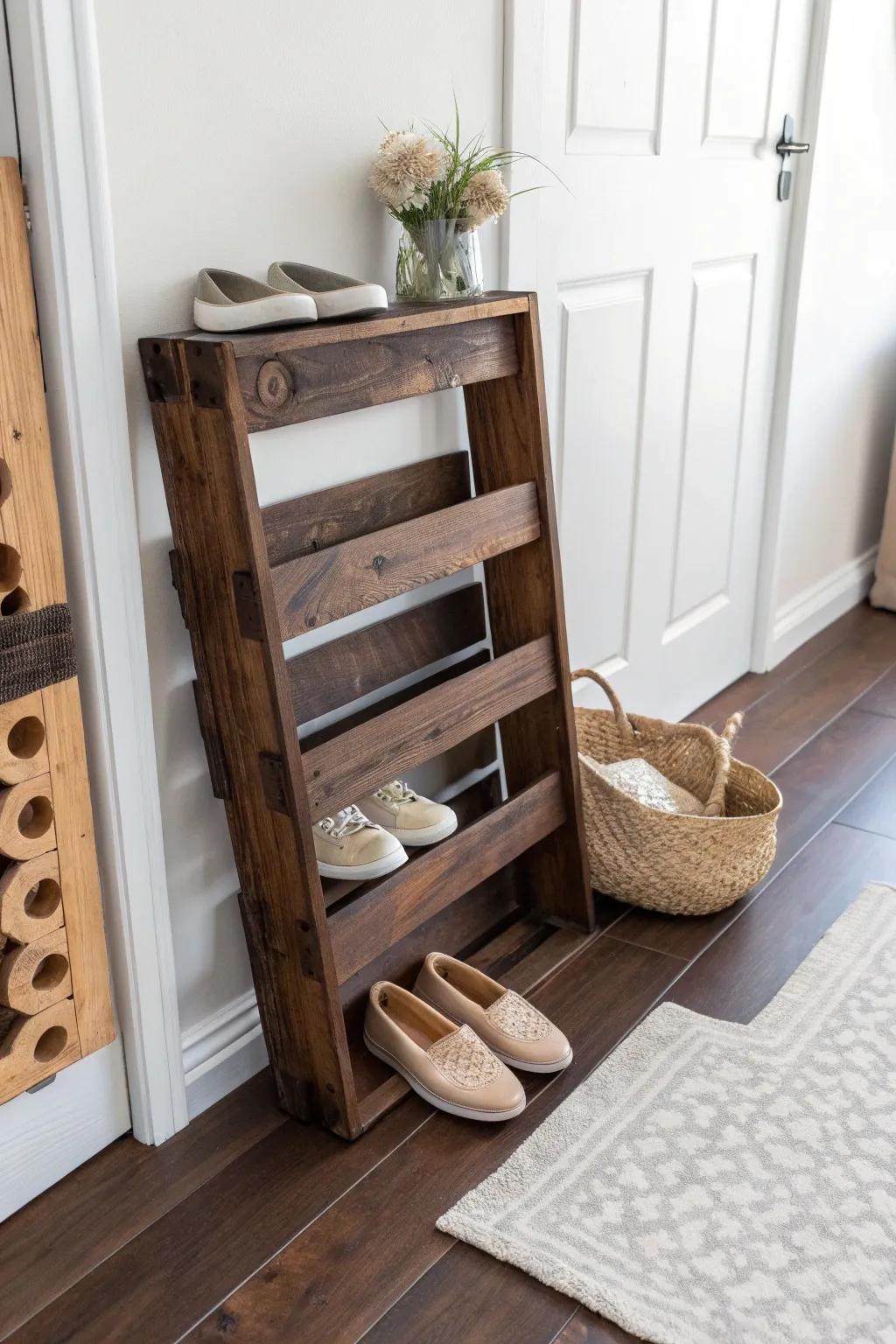 Dark-stained pallet shoe rack that turns a narrow entryway into calm, clutter-free storage.
