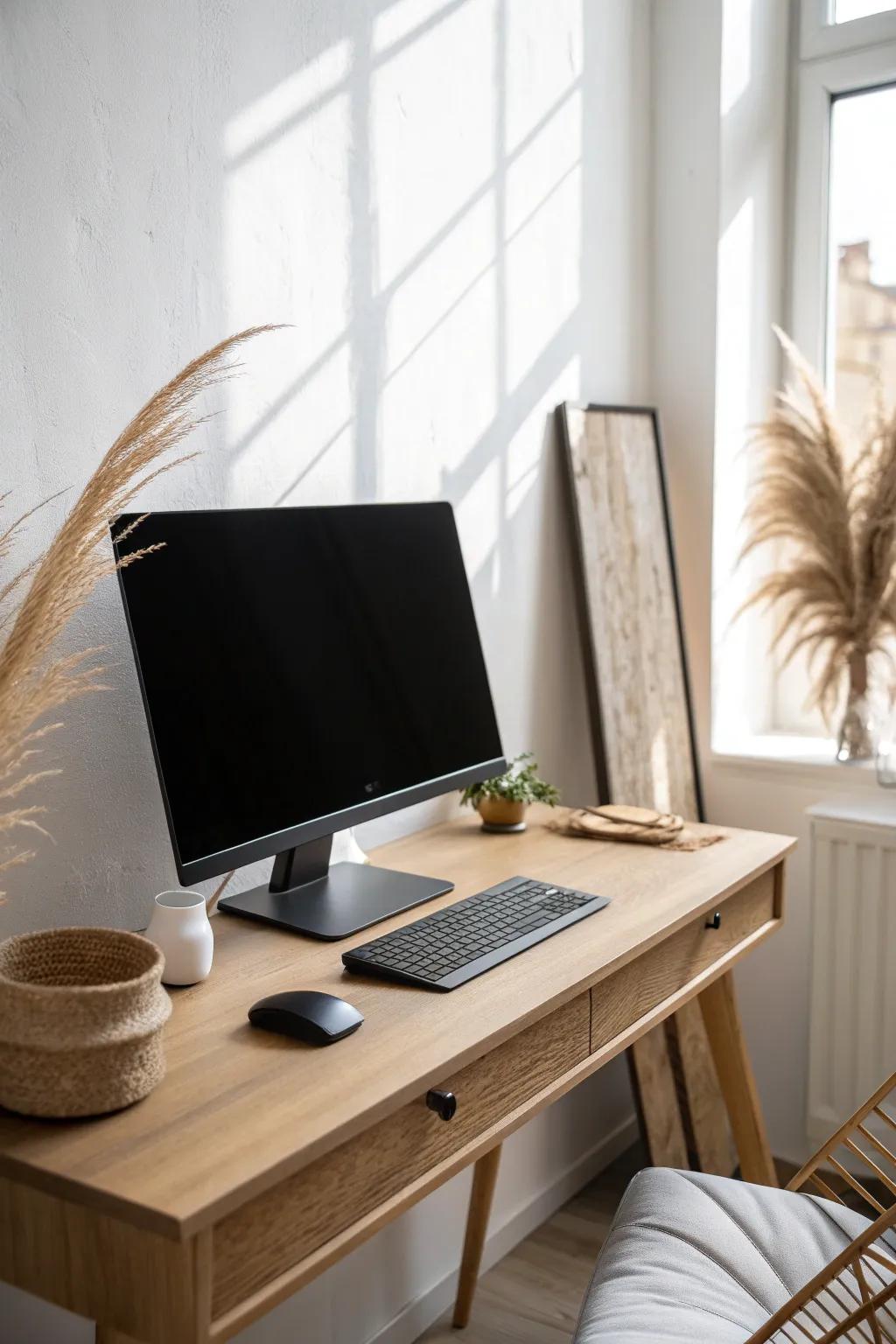 One external screen, slightly off-center, makes a tiny desk feel bigger and work smoother.
