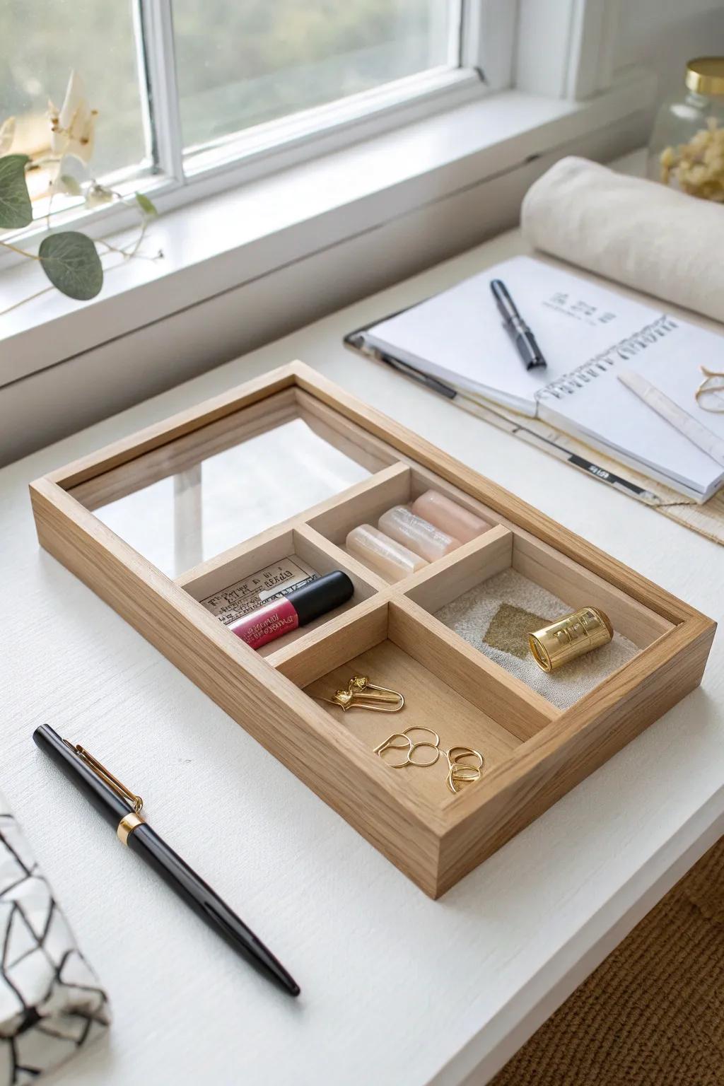 A clear-top tray keeps tiny essentials contained—so your desk stays styled and calm.