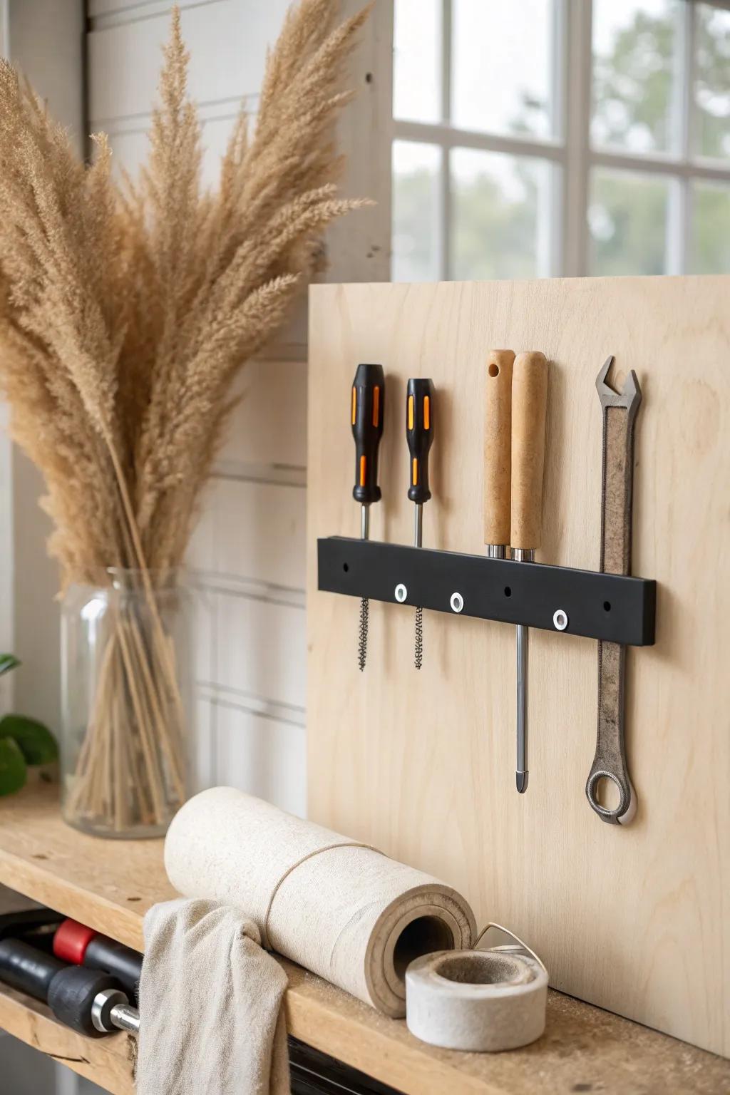 Magnetic strip storage keeps small metal tools visible, tidy, and your bench clutter-free.