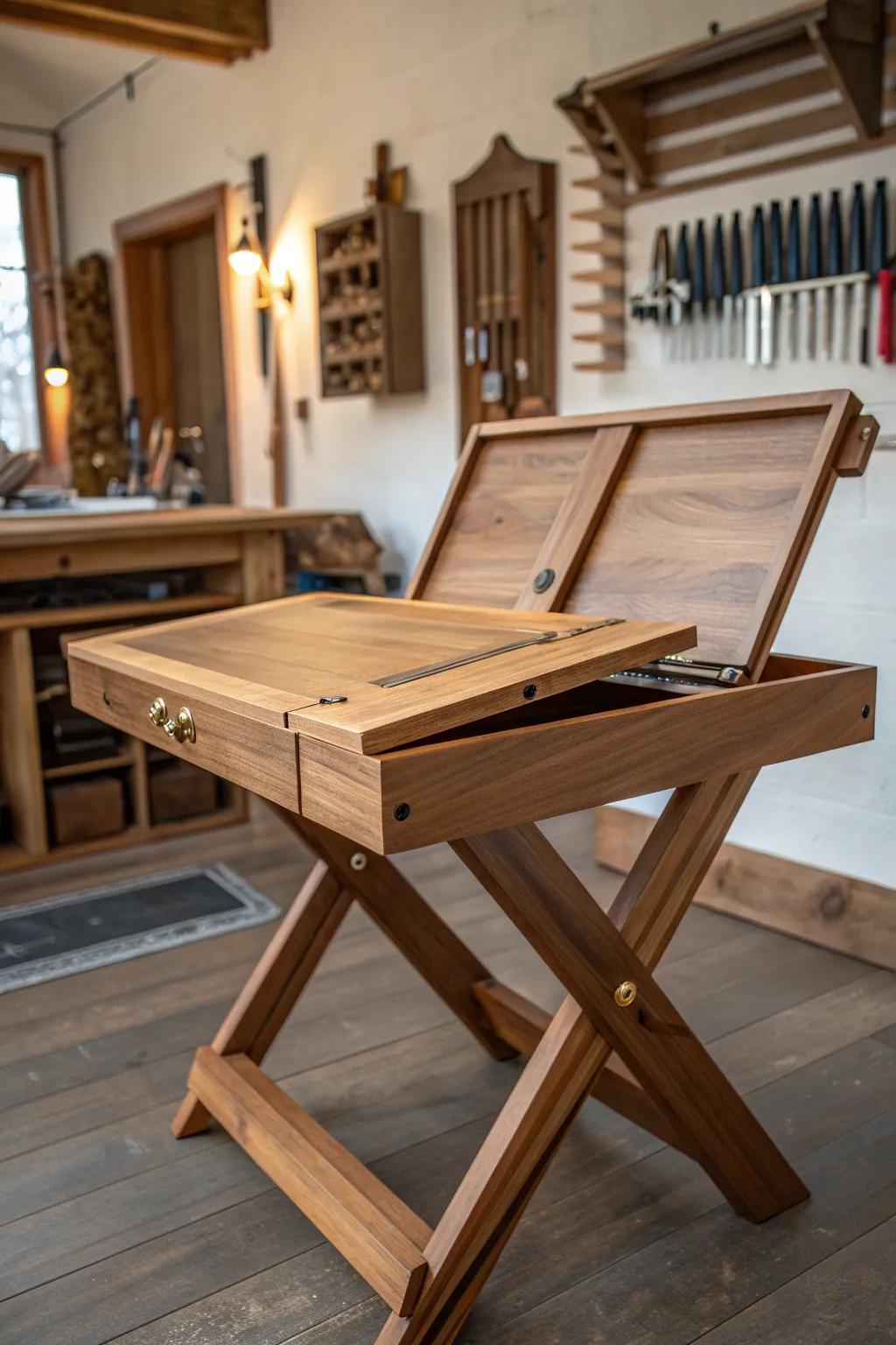 Maximize your space with a beautifully crafted foldable workbench, perfect for a stylish and functional workshop setup.