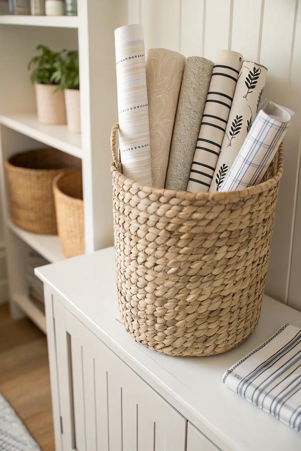 Upright basket storage keeps short wrapping paper rolls visible, tidy, and easy to grab.