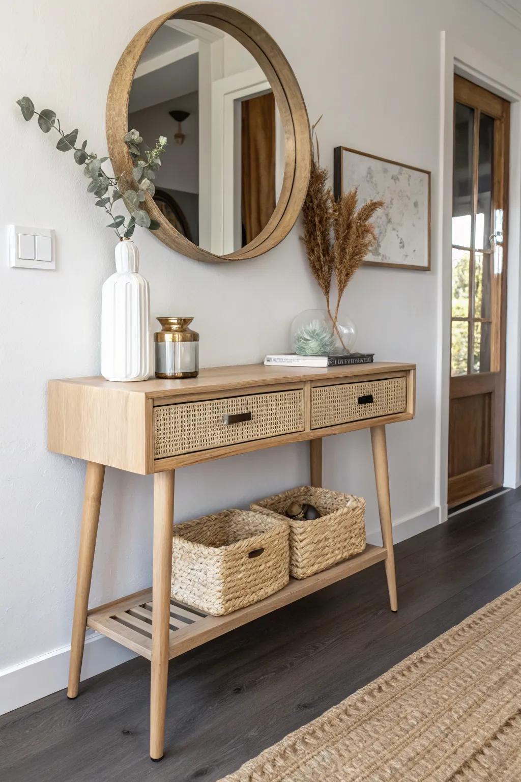 A slim console and mirror make a tiny condo entry feel brighter—and keep keys and clutter contained.