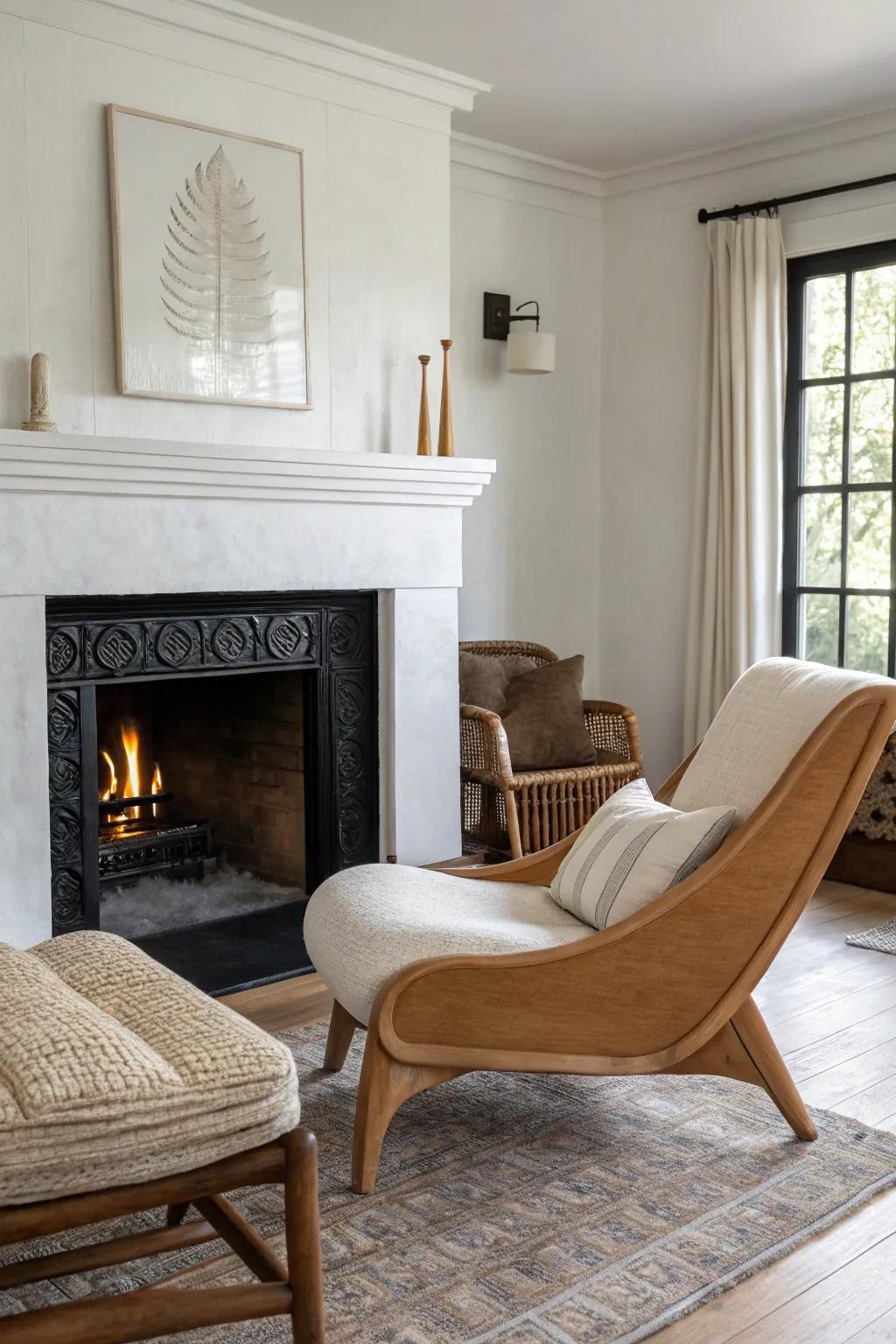 Cozy fireplace-adjacent nook: let one sculptural lounge chair anchor a chic two-chair zone.