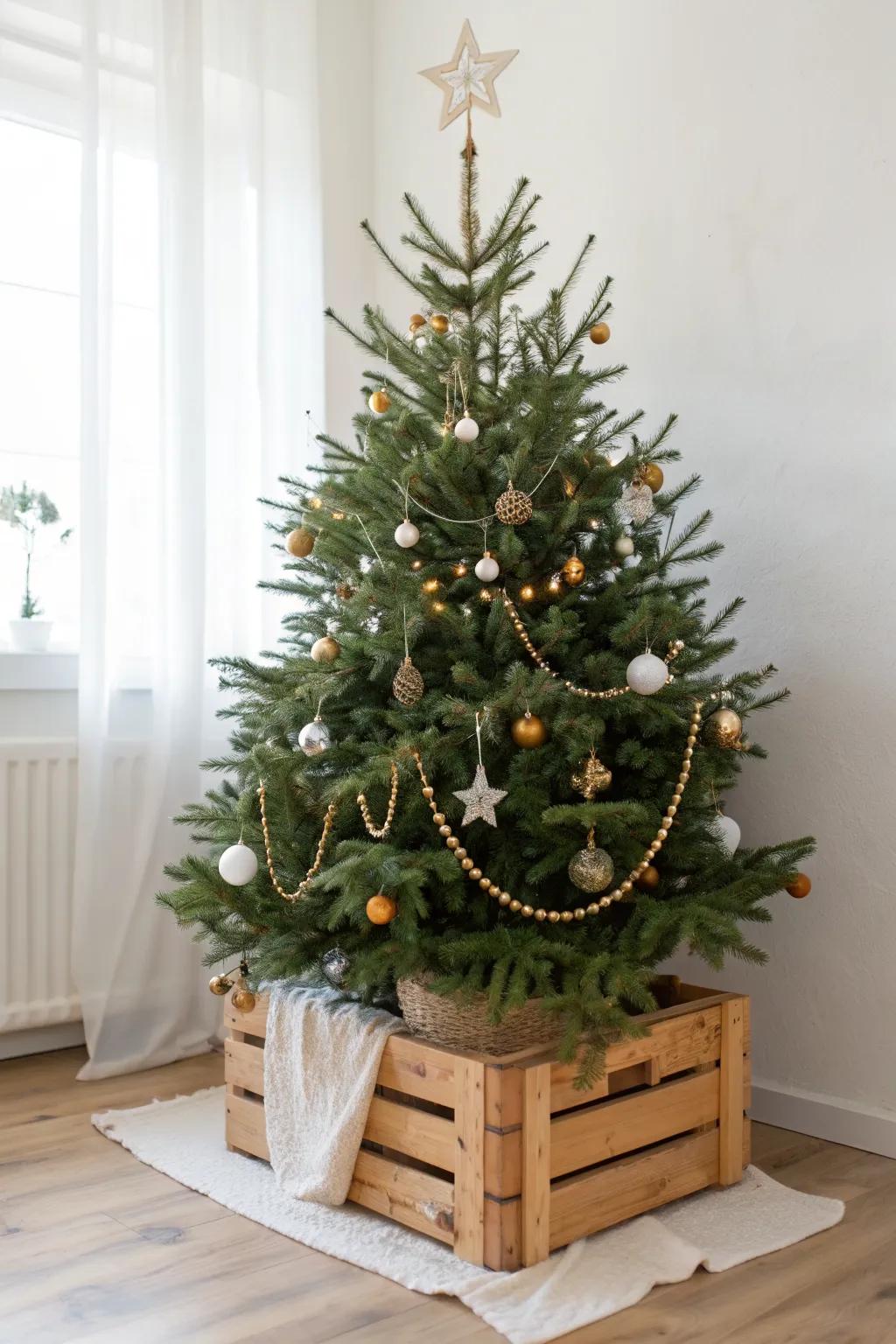 Lift your 4ft tree on a simple crate for instant height—small space, big holiday impact.