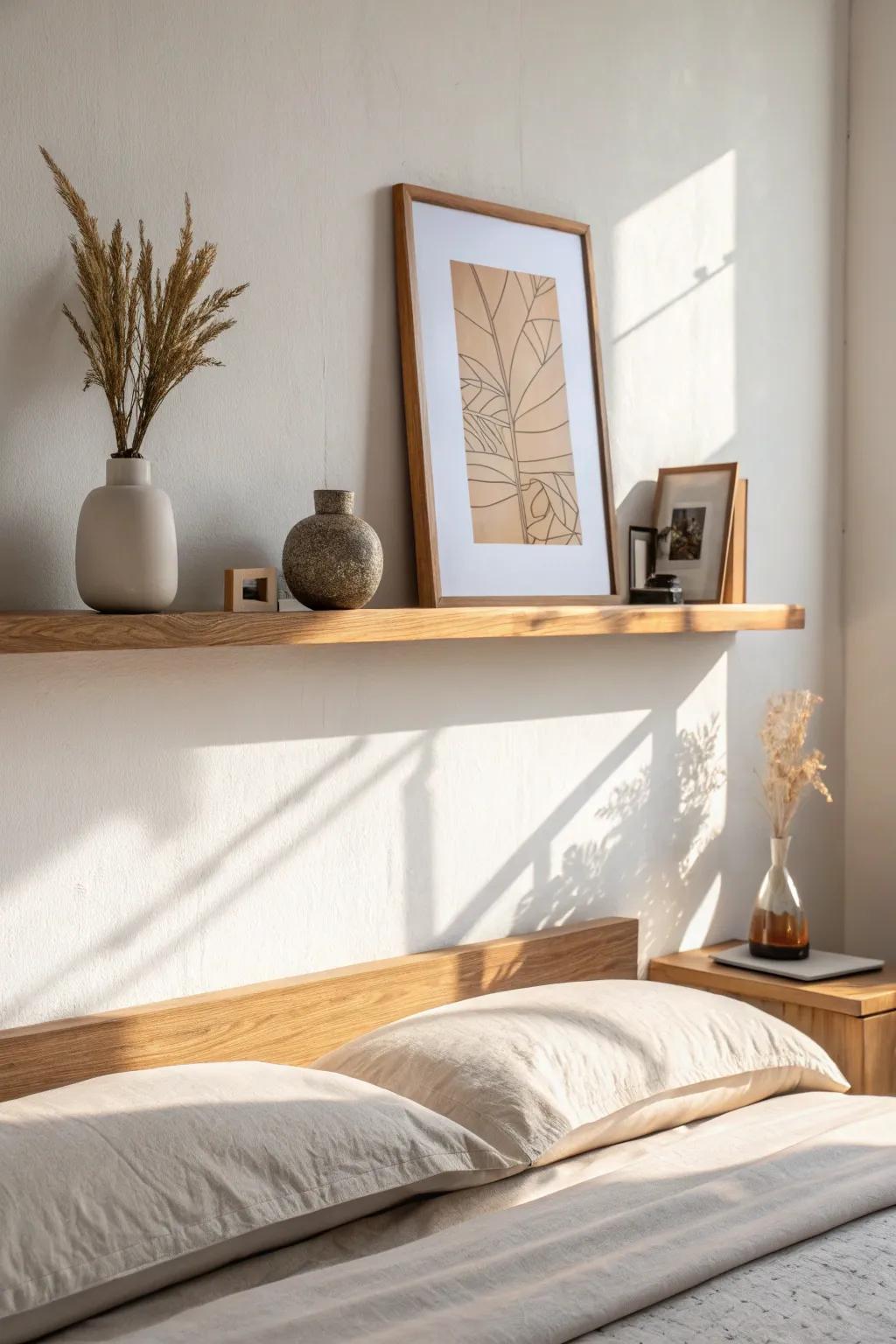 A simple oak picture ledge above the bed—one frame, one vase, endless seasonal swaps.