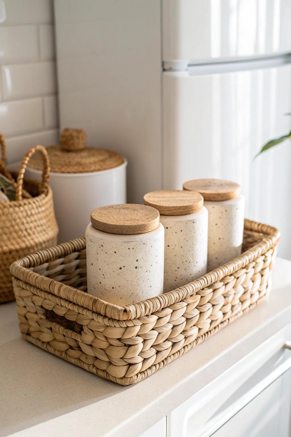 A woven basket with matching canisters keeps the fridge top tidy and beautifully minimal.