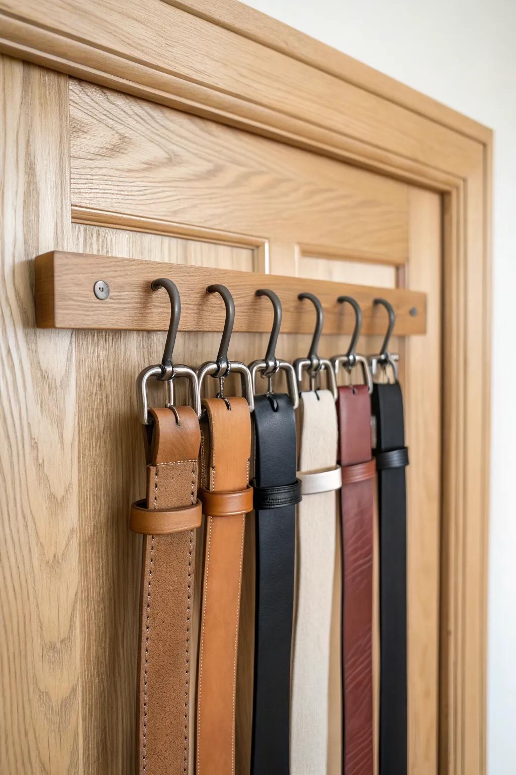 A sleek belt hanger keeps every strap smooth, visible, and crease-free—perfect for small closets.