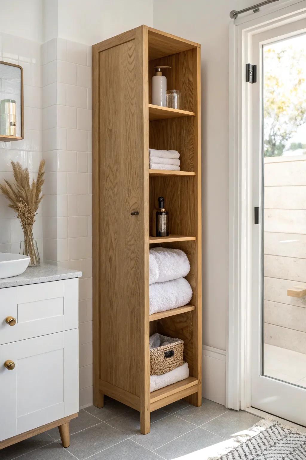 Build storage up the wall—this slim cabinet keeps a small ADU bathroom airy and serene.