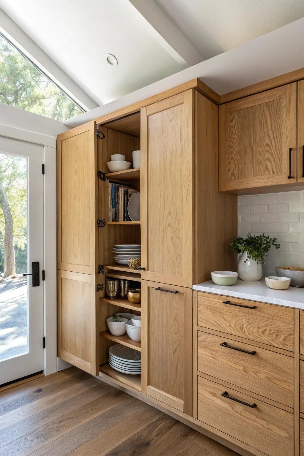 Ceiling-height cabinets turn “dead” space into beautiful, calm storage in a tiny ADU kitchen.