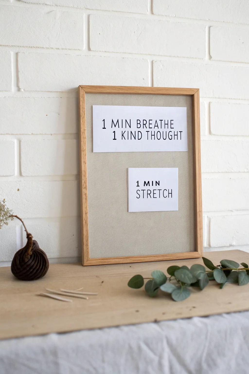 Mindful Minute Reset Board: breathe, stretch, and one kind thought—your calm wall ritual.
