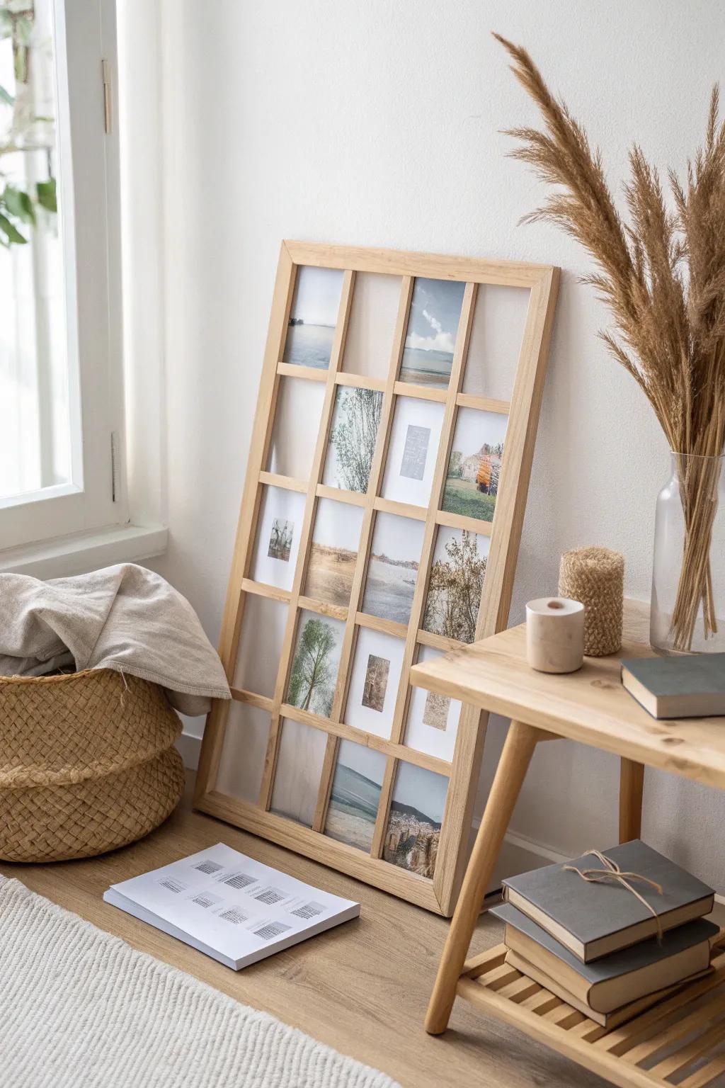 A chic dorm photo grid: one soft color palette turns everyday memories into calm decor.