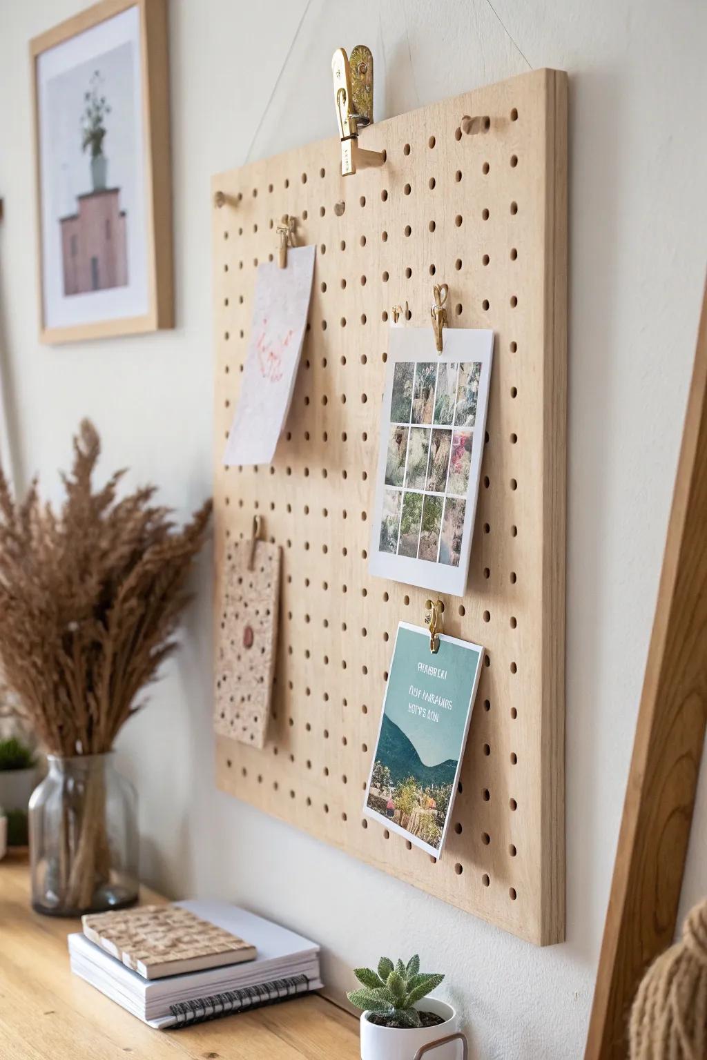 Turn a pegboard into a mini mood board—clip prints and postcards for instant inspiration.