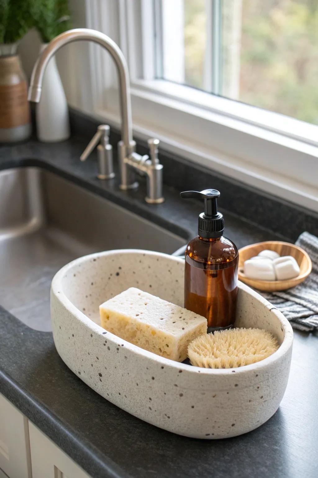 Handmade air-dry clay tray keeps dish soap + sponge neat—tiny sink upgrade for small spaces.