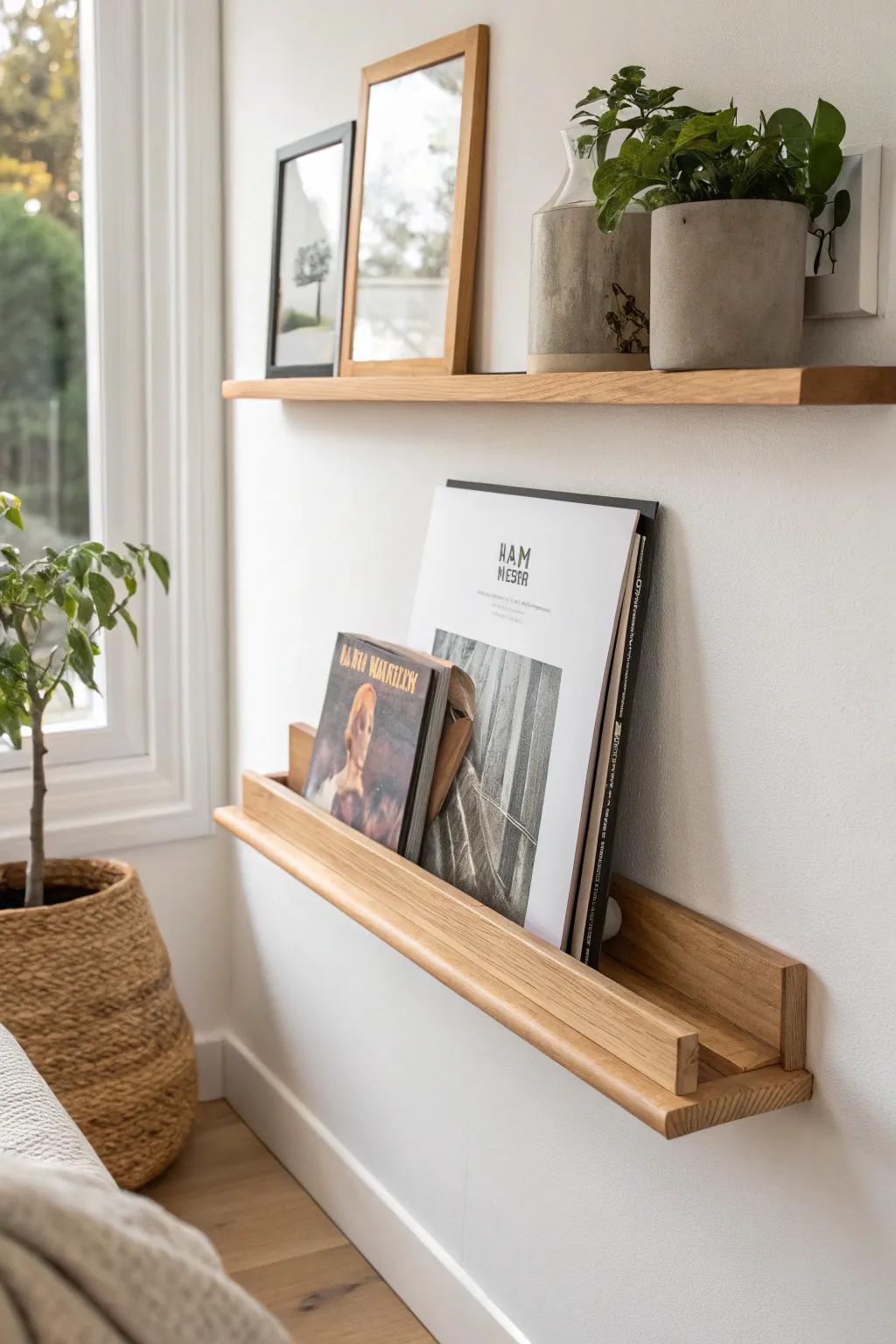 Turn one favorite vinyl cover into wall art with a slim picture ledge—easy to swap seasonally.