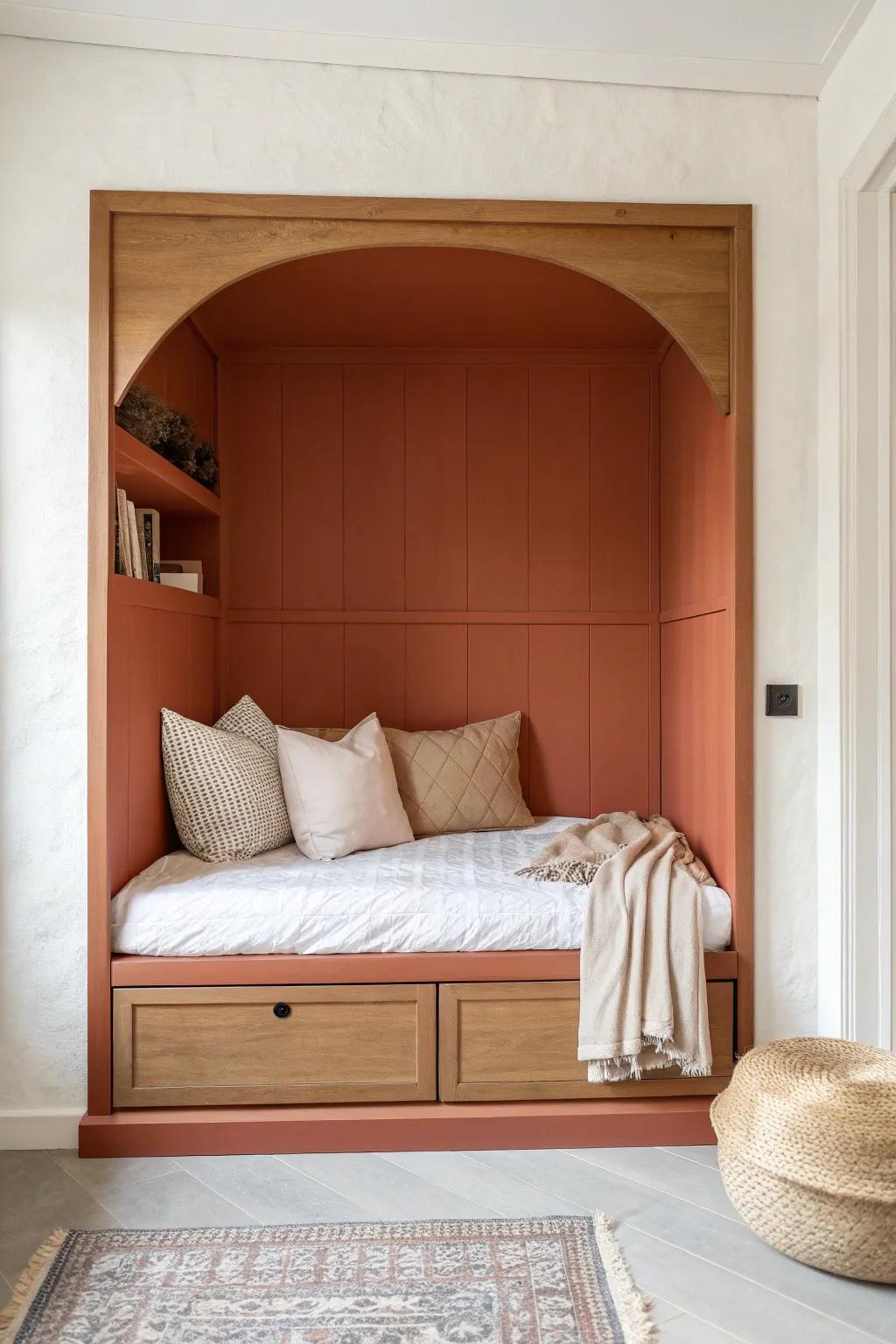 A deep, color-blocked back wall turns an alcove bed into a warm, designed focal nook.