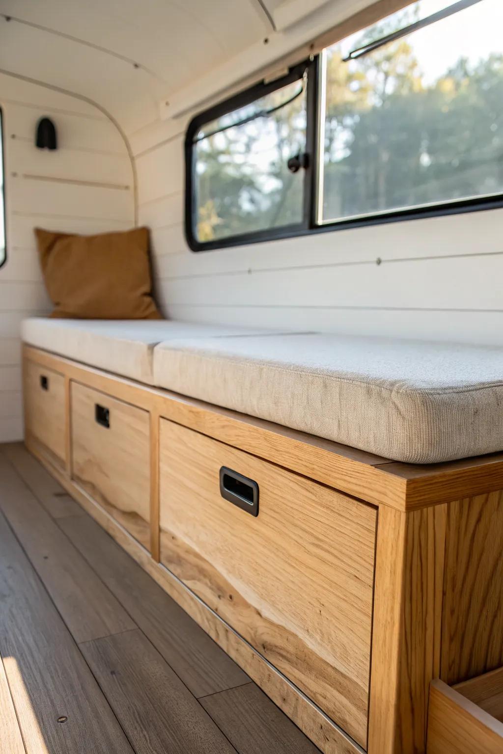Handcrafted under-bench storage makes this converted school bus feel calm, clever, and homey.