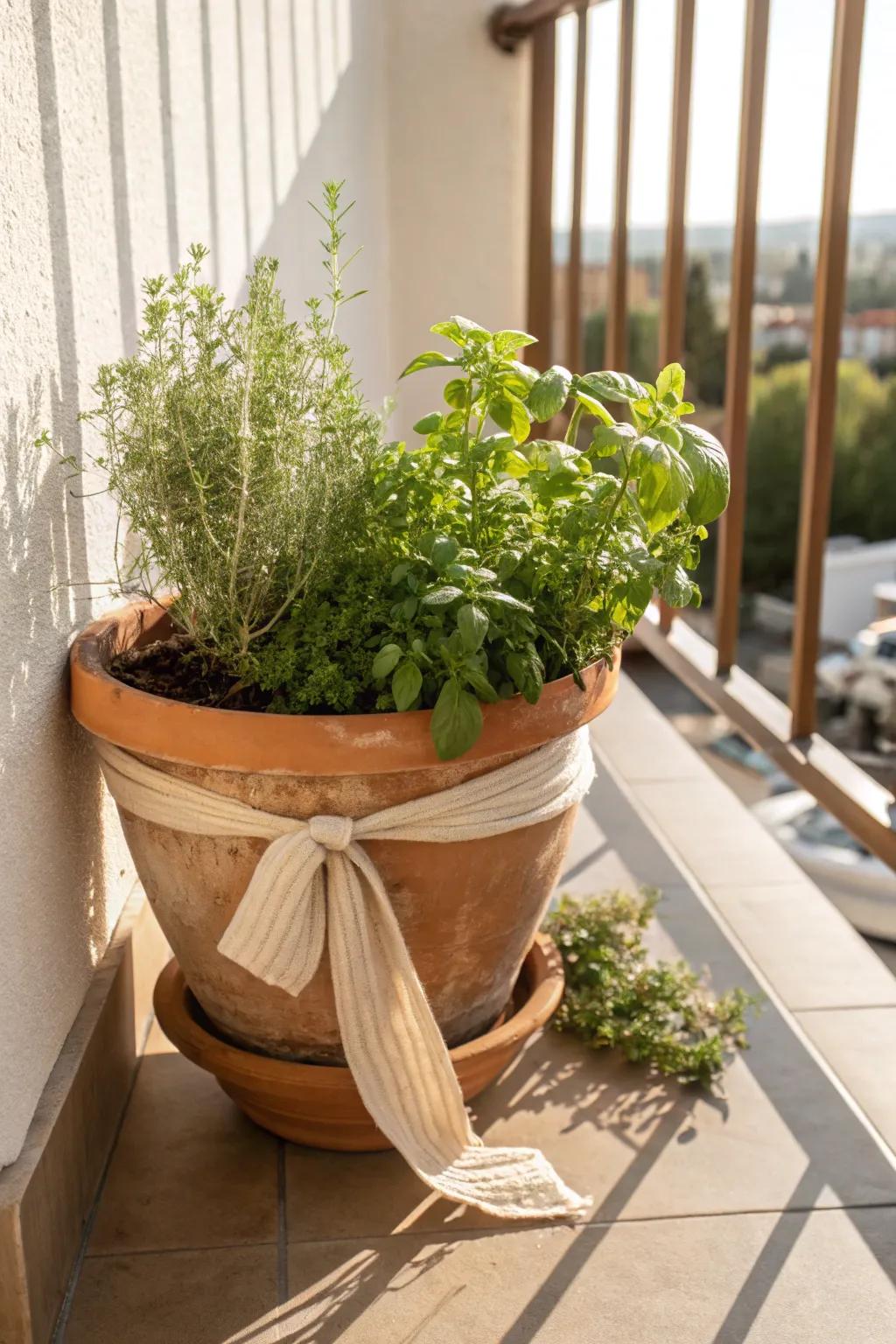 Tiny sunny corner, big flavor—cluster herbs on the railing for a mini balcony kitchen garden.